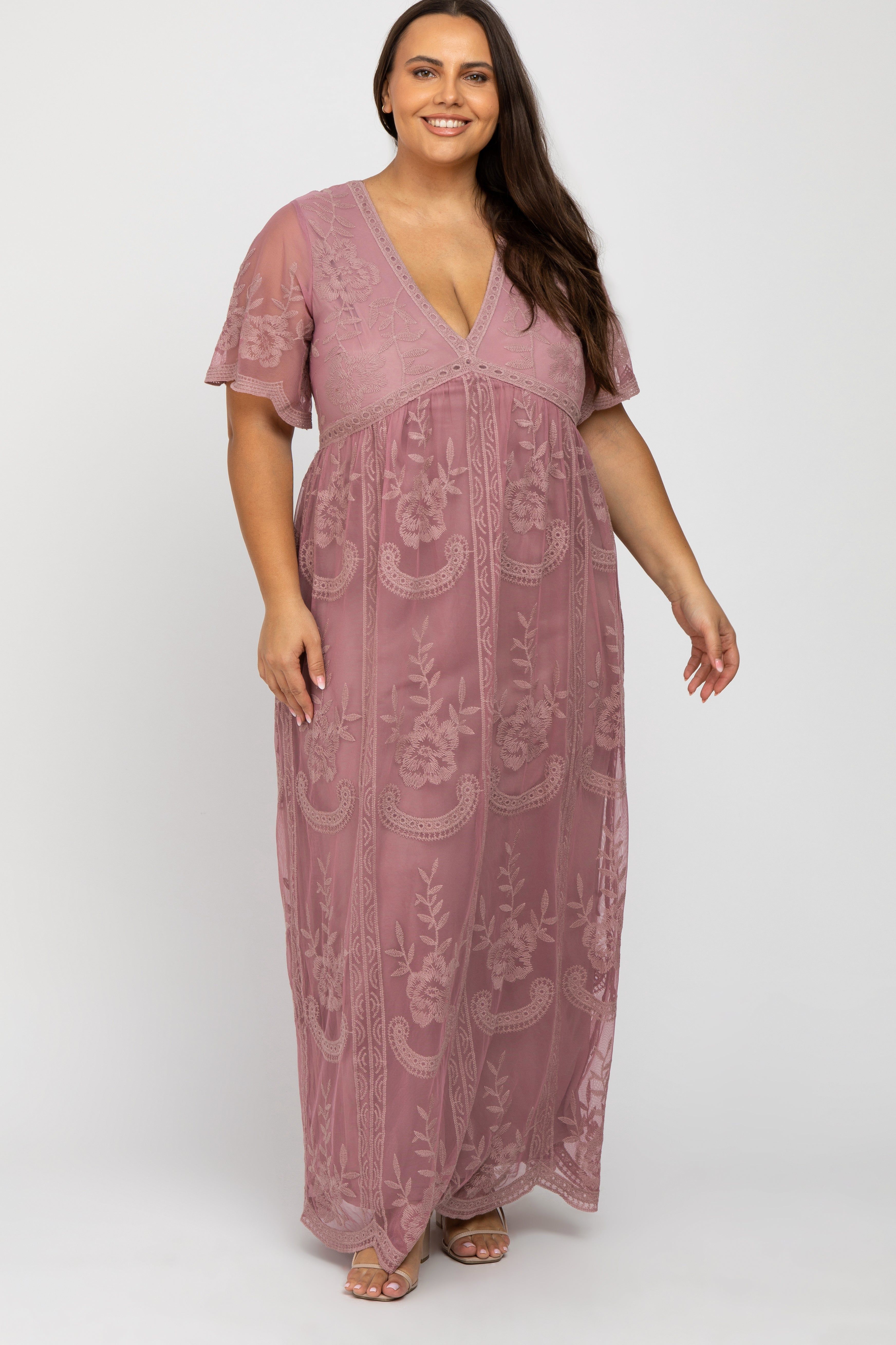 Mauve Lace Mesh Overlay Plus Maxi Dress sold by Pinkblush
