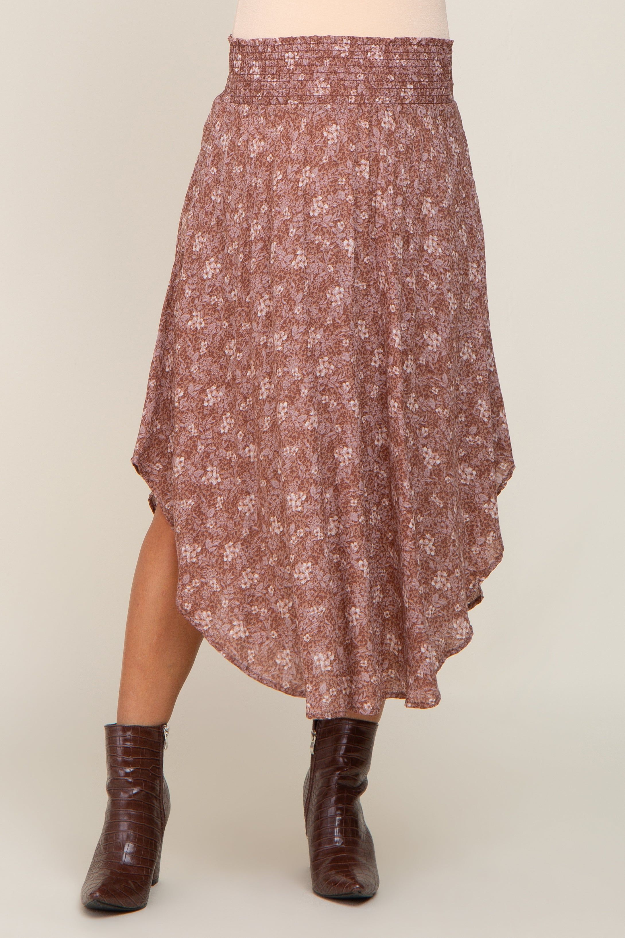 Mauve Floral Smocked Waist Maternity Midi Skirt sold by Pinkblush product image thumbnail 2