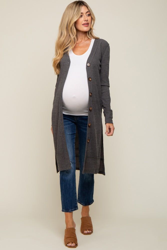 Charcoal Rib Knit Front Button Maternity Cardigan sold by Pinkblush product image thumbnail 4