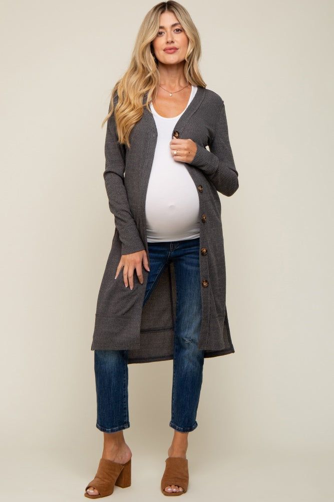 Charcoal Rib Knit Front Button Maternity Cardigan sold by Pinkblush