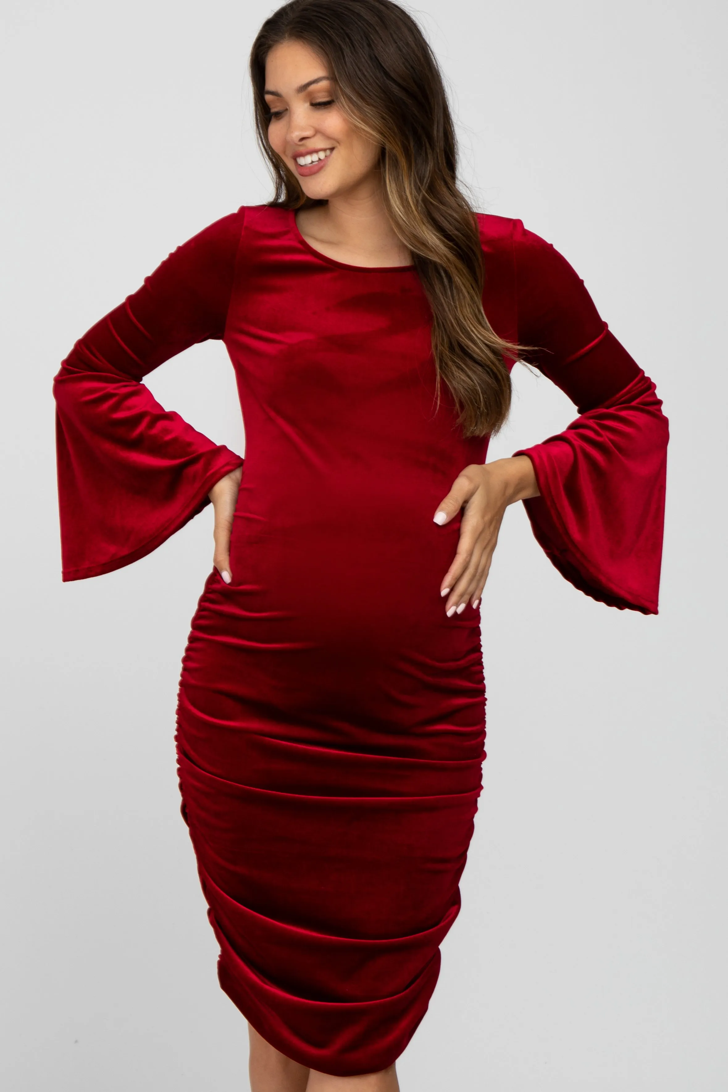 Red Velvet Ruched Bell Sleeve Maternity Dress sold by Pinkblush product image thumbnail 2