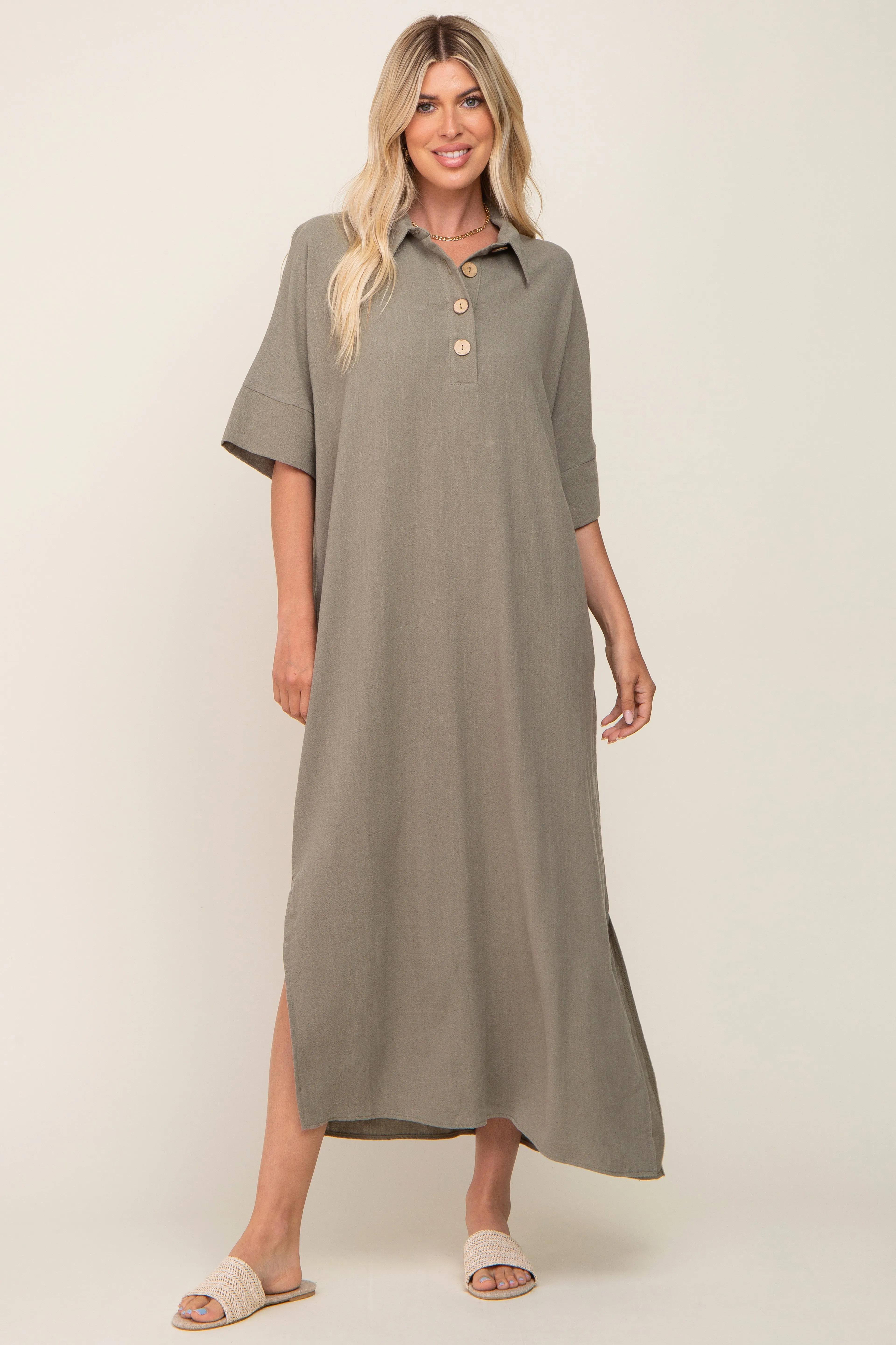 Olive Collared Linen Maxi Dress sold by Pinkblush