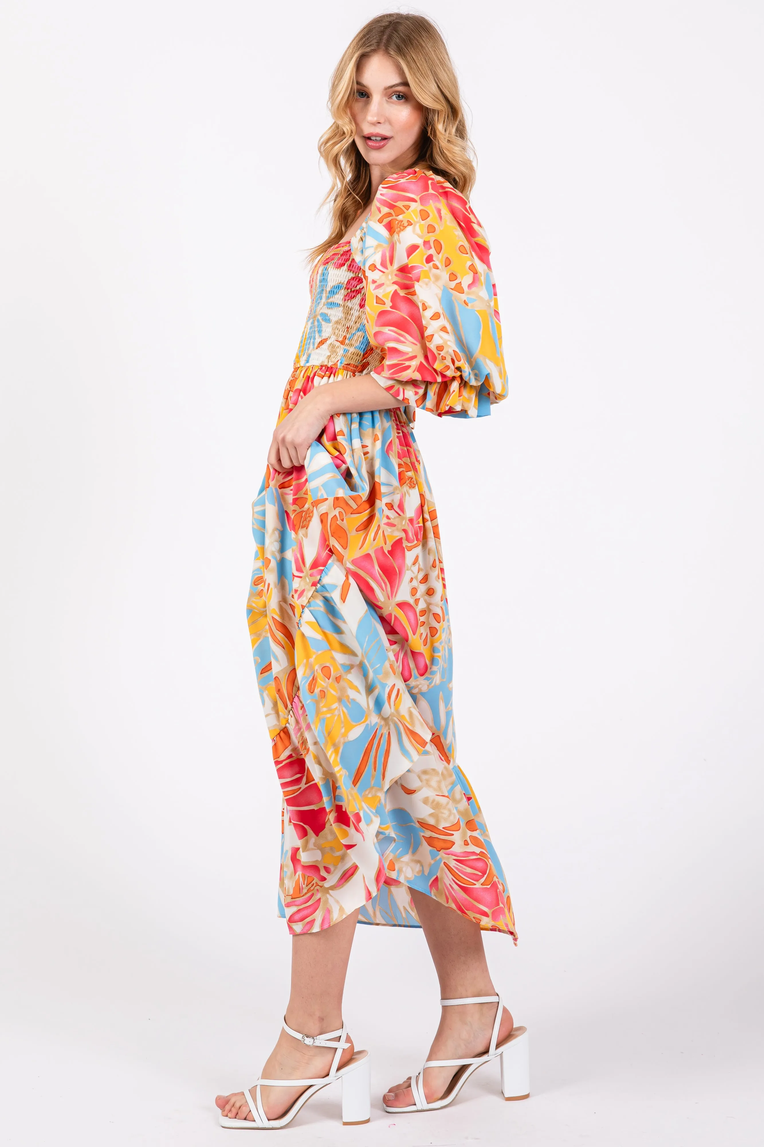 Fuchsia Leaf Print Puff Sleeve Smocked Midi Dress sold by Pinkblush product image thumbnail 2