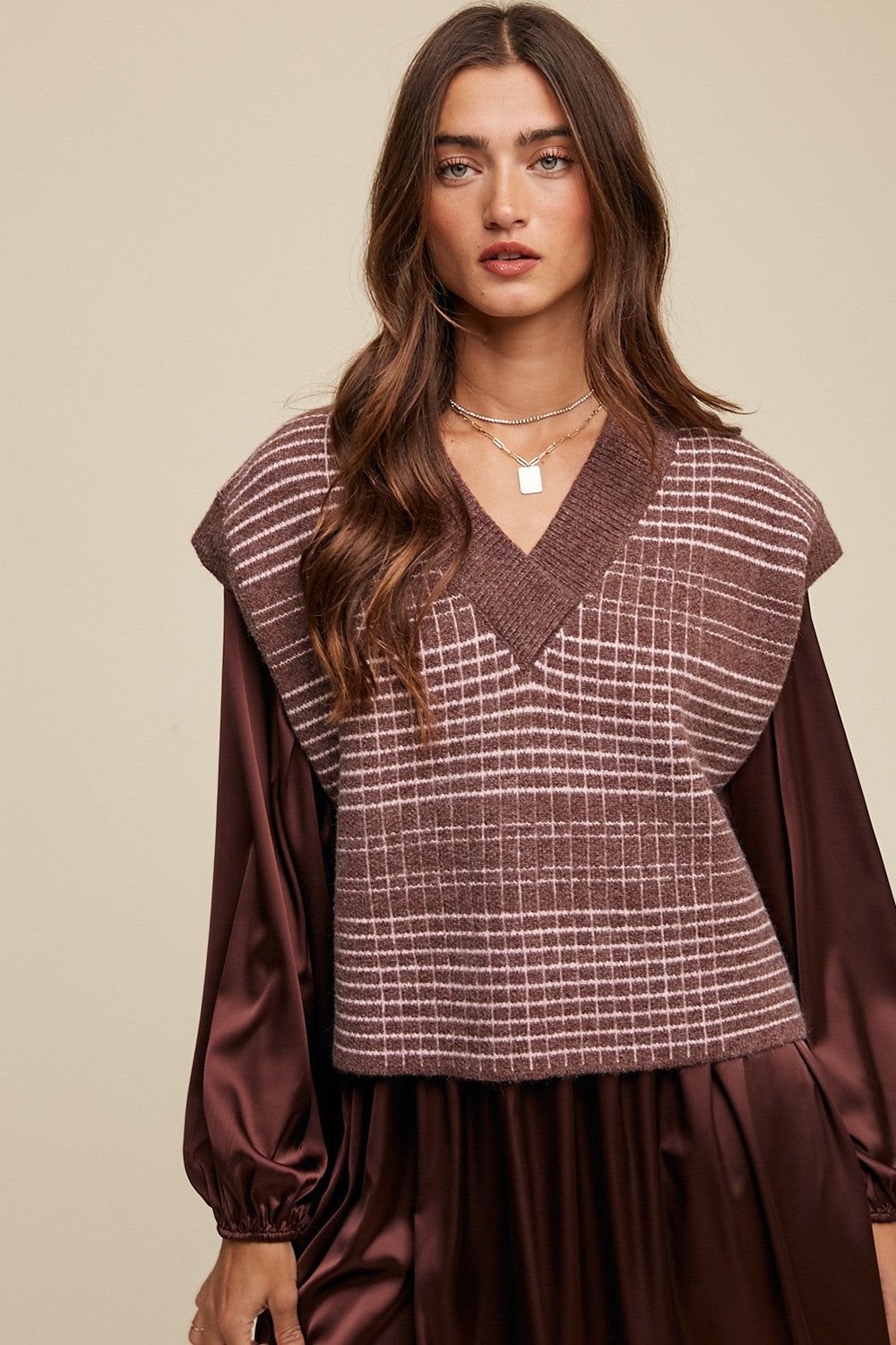 Red Plaid V-Neck Cropped Sweater Vest sold by Pinkblush