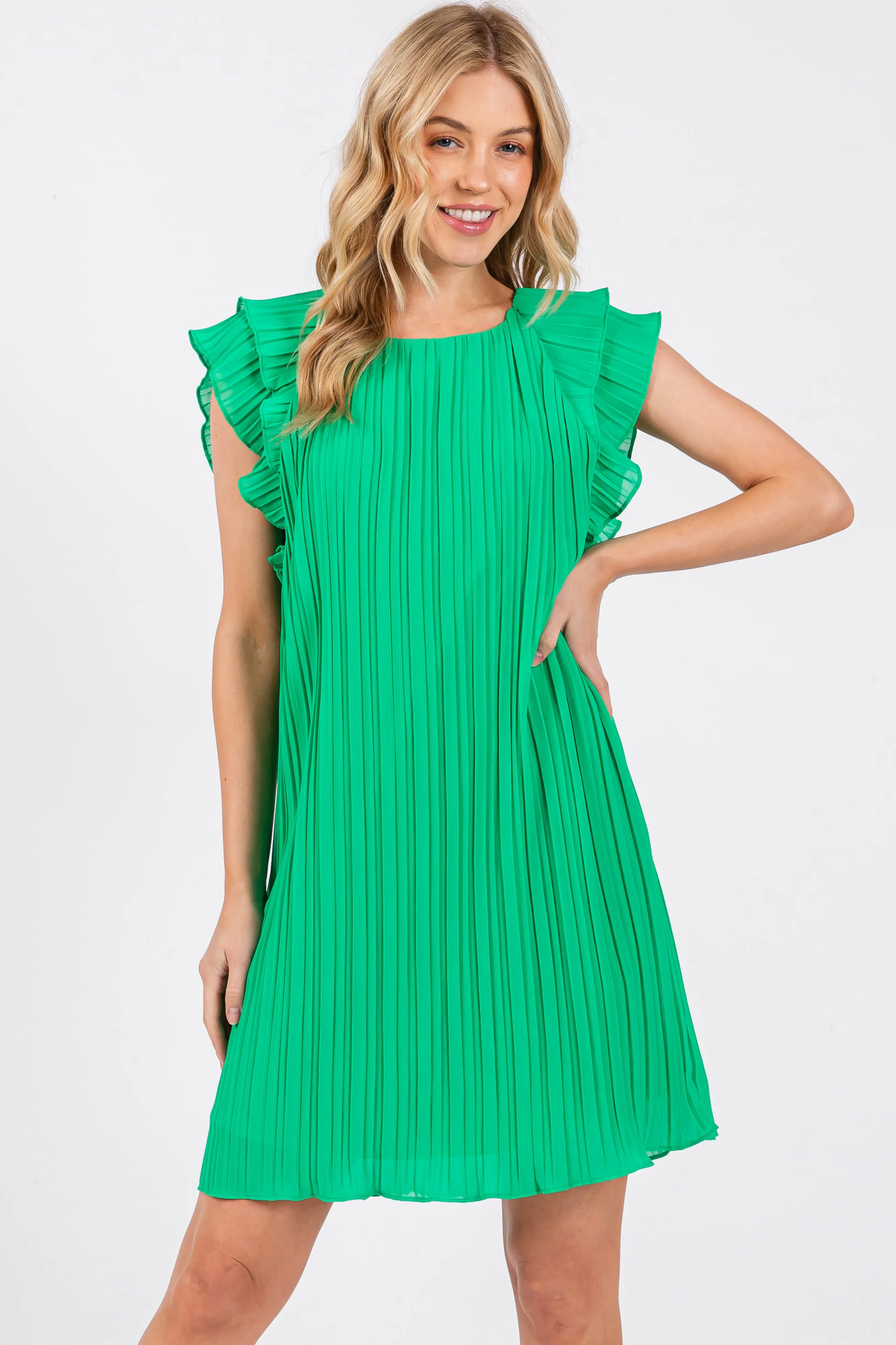 Green Flutter Sleeve Pleated Chiffon Mini Dress sold by Pinkblush product image thumbnail 4