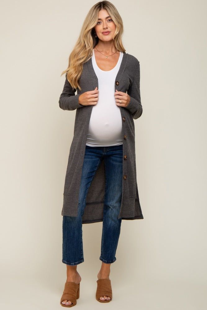 Charcoal Rib Knit Front Button Maternity Cardigan sold by Pinkblush product image thumbnail 5