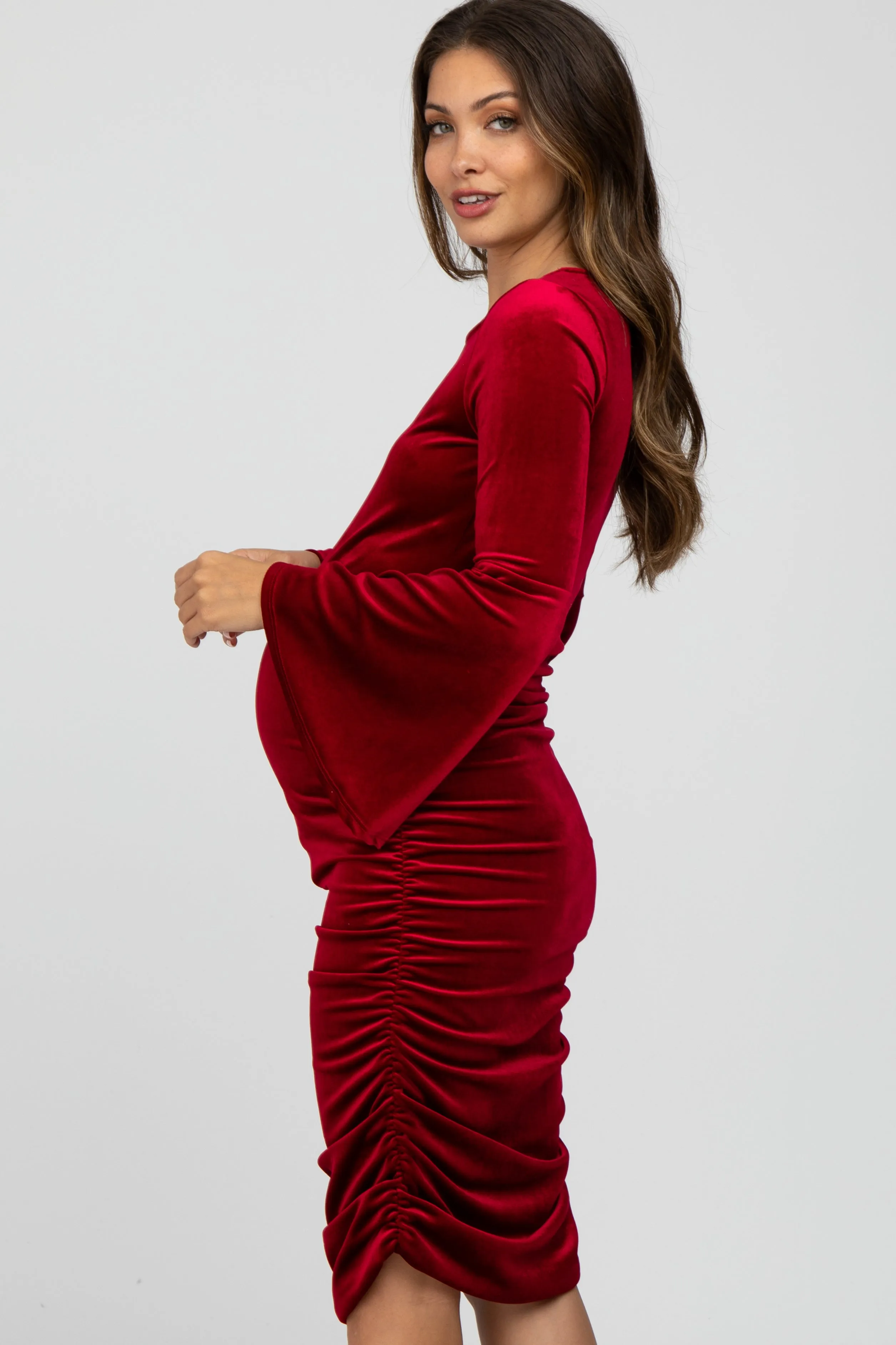 Red Velvet Ruched Bell Sleeve Maternity Dress sold by Pinkblush product image thumbnail 3