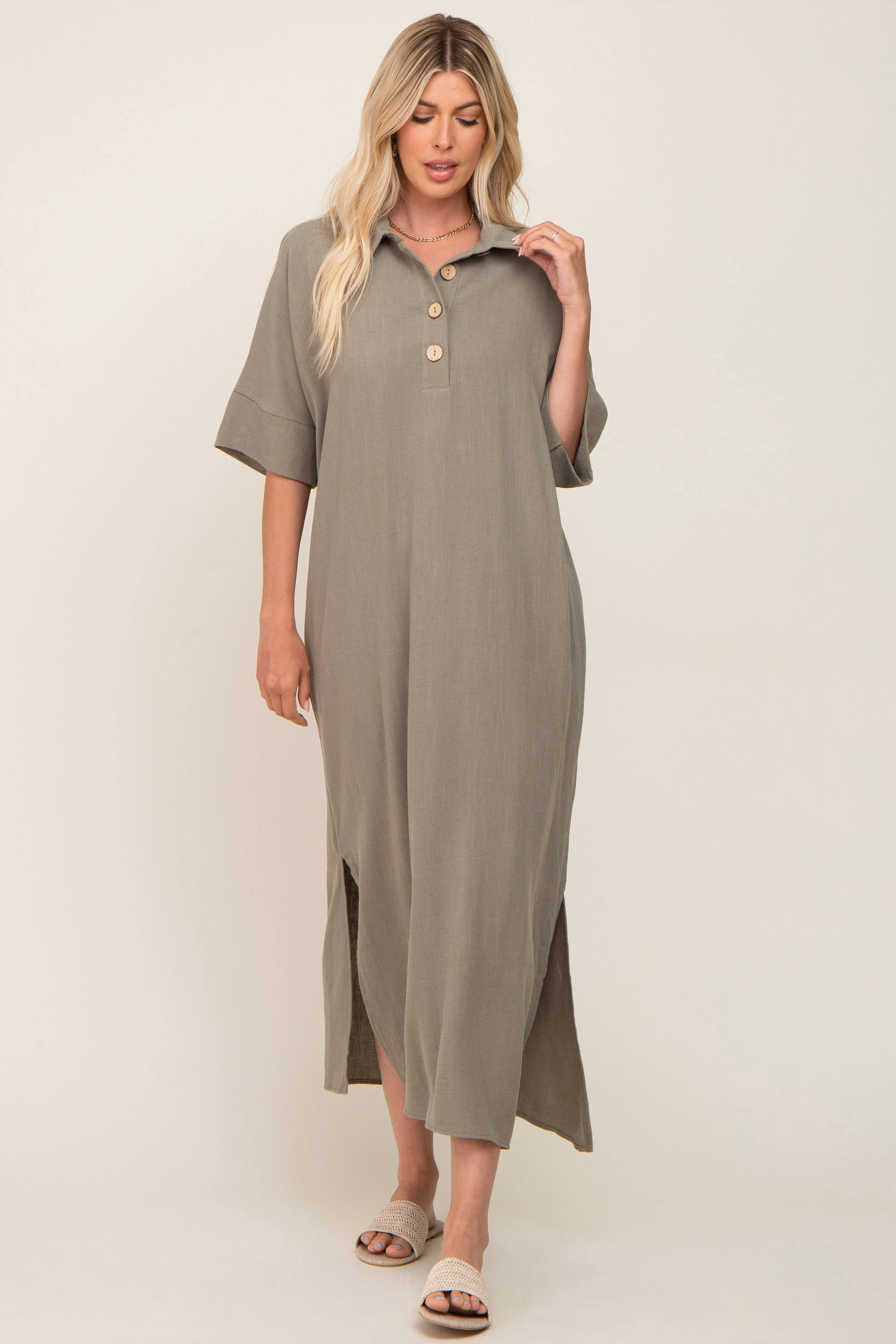 Olive Collared Linen Maxi Dress sold by Pinkblush product image thumbnail 4