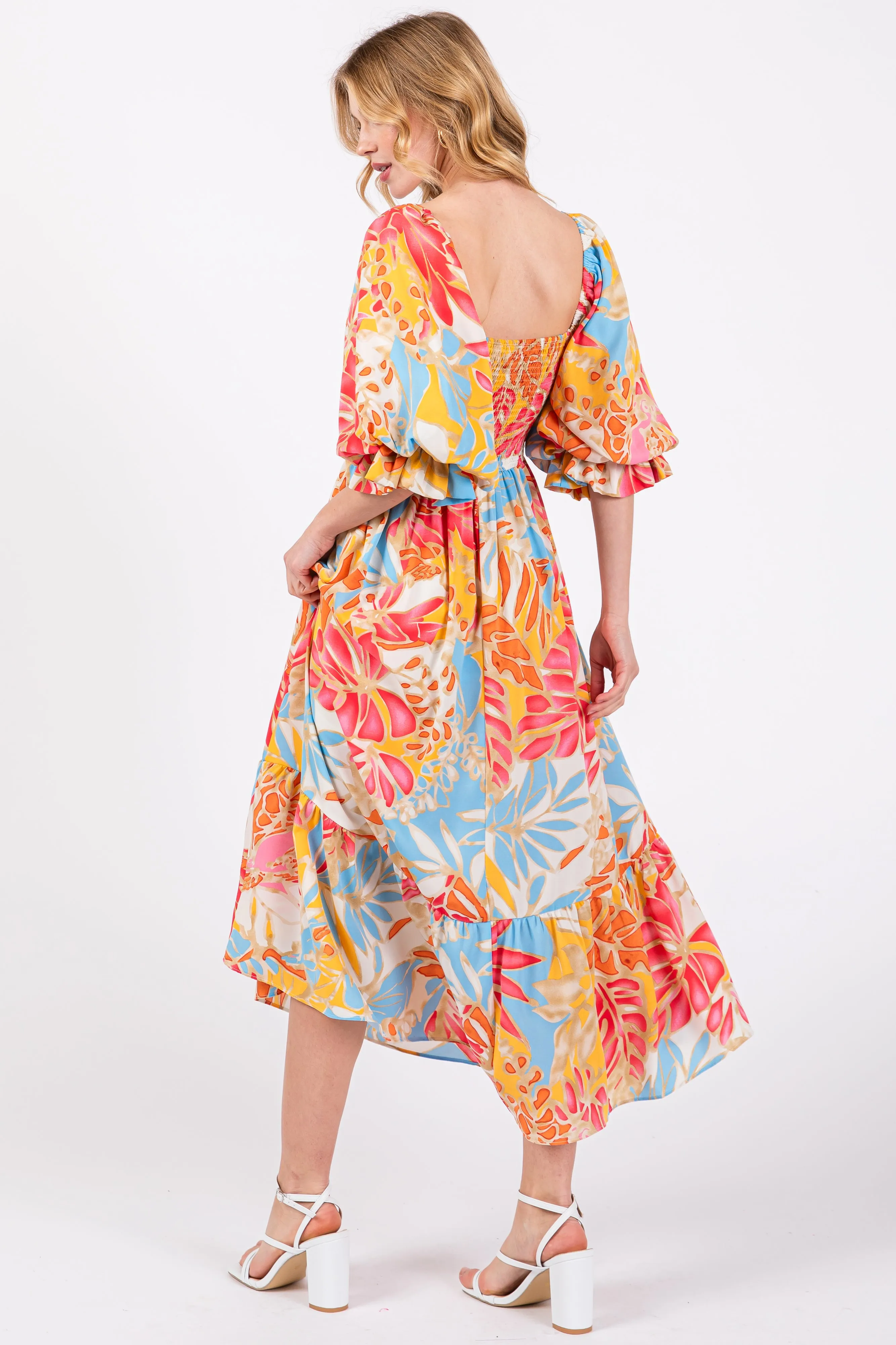 Fuchsia Leaf Print Puff Sleeve Smocked Midi Dress sold by Pinkblush product image thumbnail 3