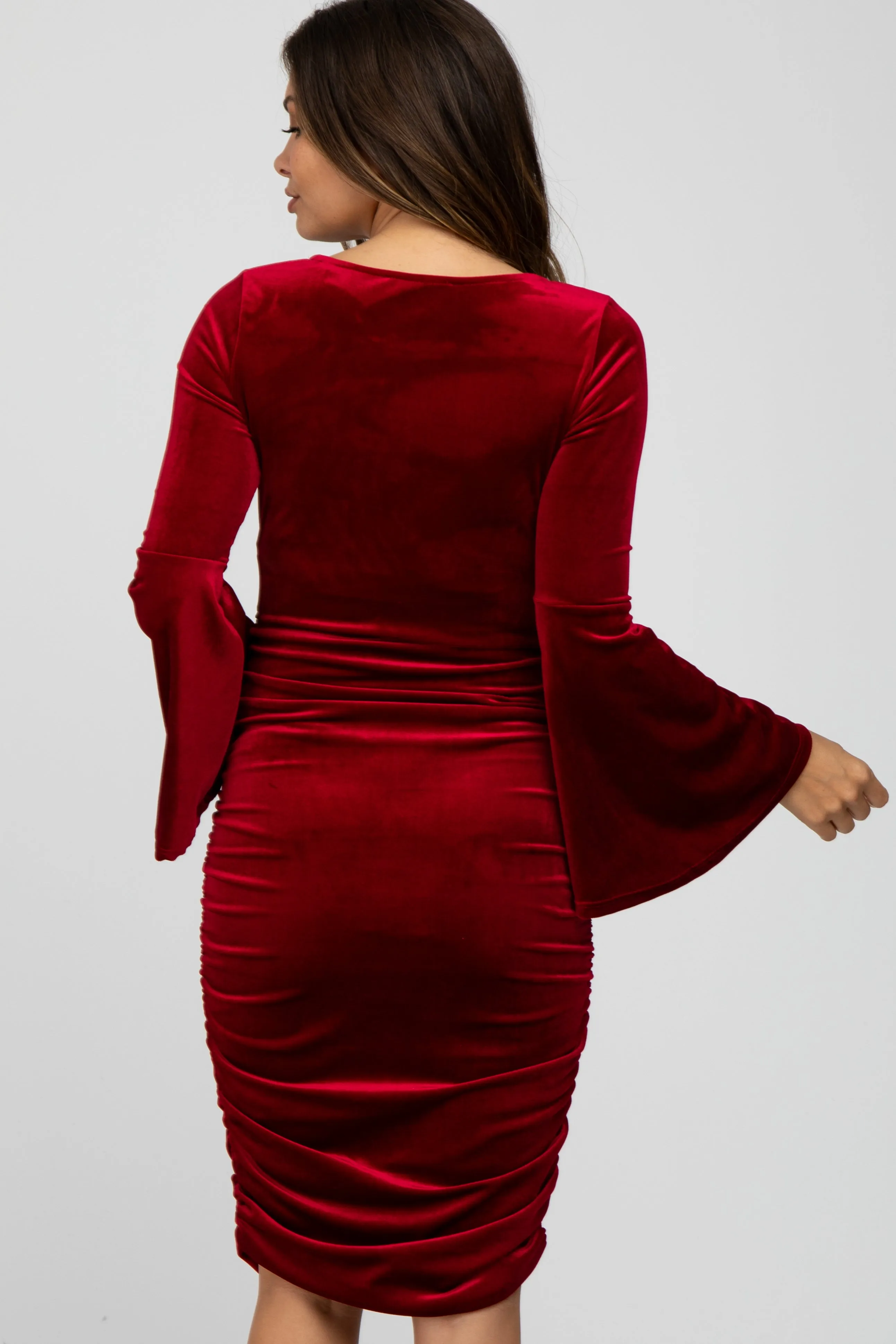 Red Velvet Ruched Bell Sleeve Maternity Dress sold by Pinkblush product image thumbnail 4