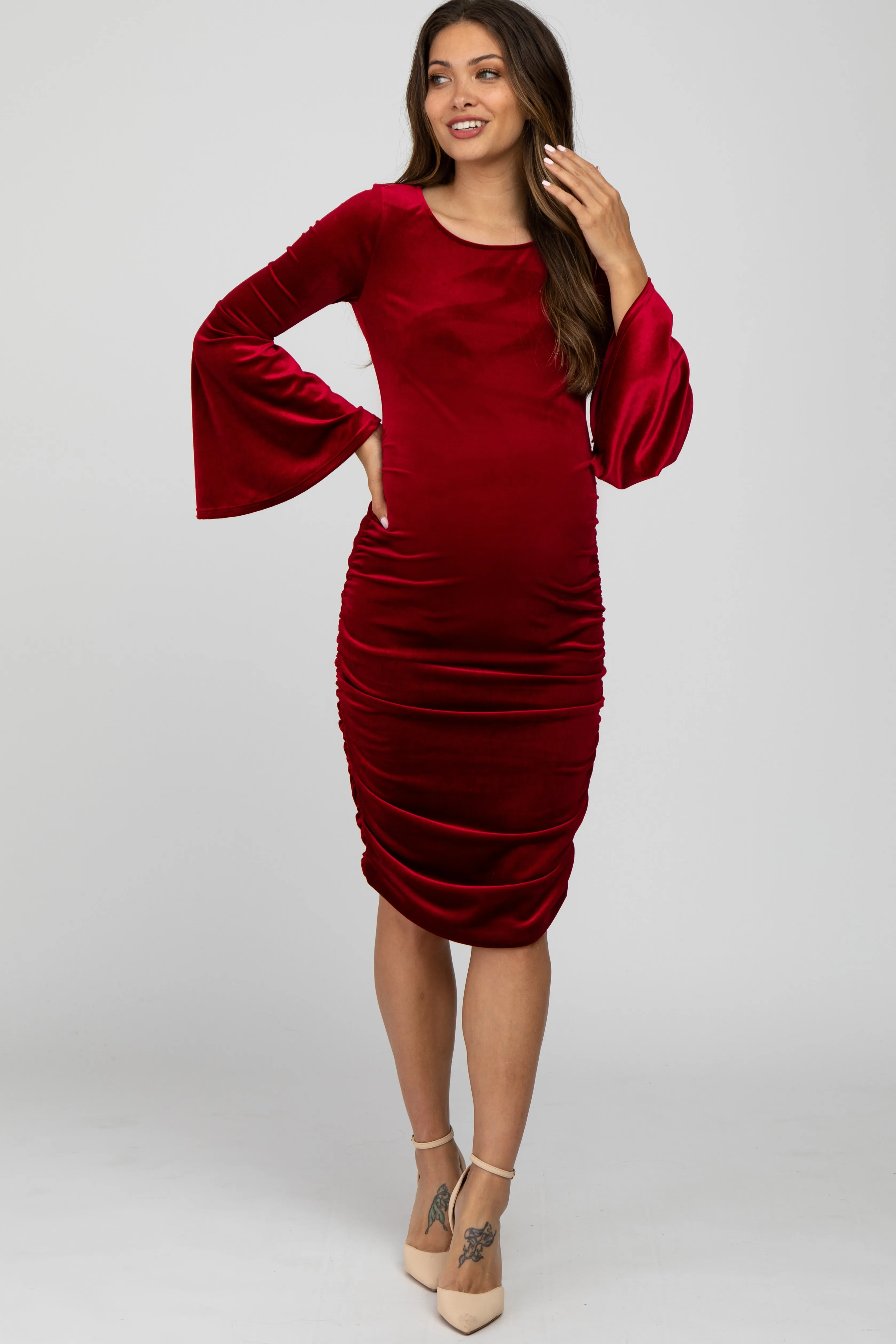 Red Velvet Ruched Bell Sleeve Maternity Dress sold by Pinkblush