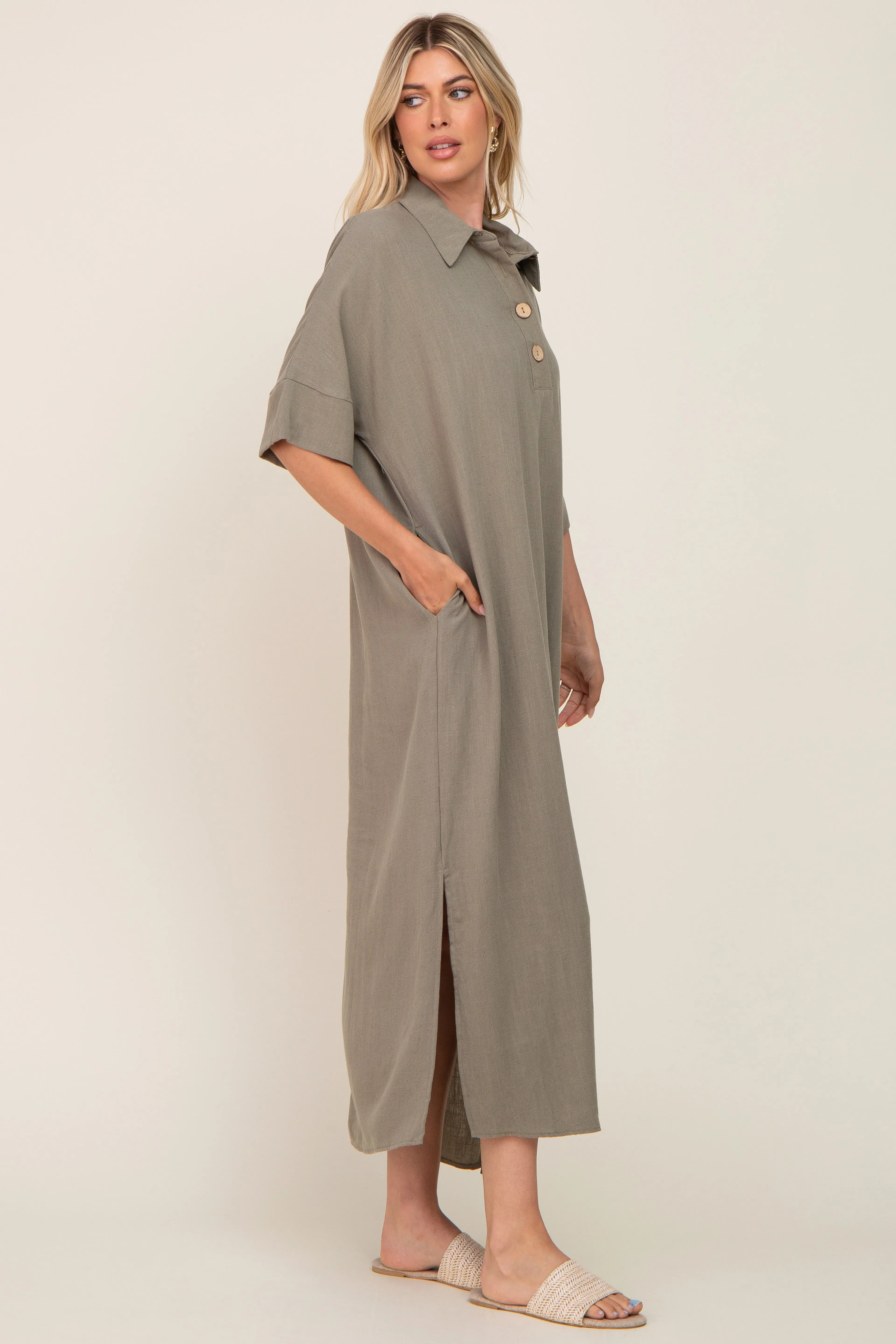 Olive Collared Linen Maxi Dress sold by Pinkblush product image thumbnail 2