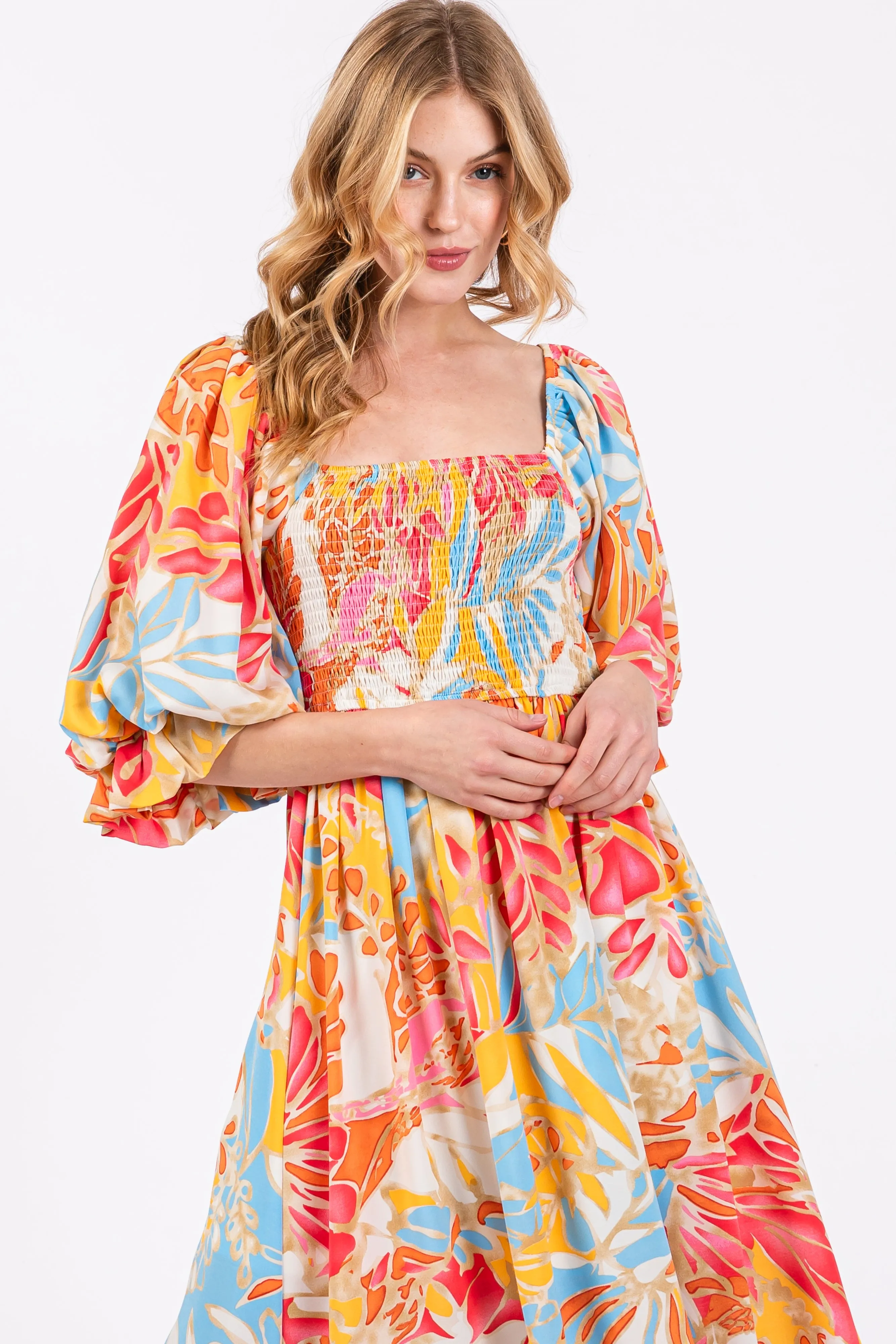 Fuchsia Leaf Print Puff Sleeve Smocked Midi Dress sold by Pinkblush product image thumbnail 4