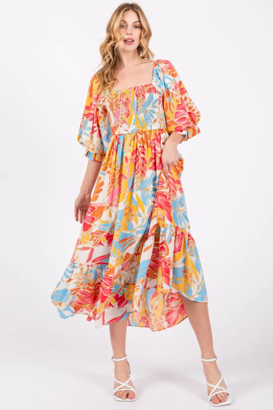 Fuchsia Leaf Print Puff Sleeve Smocked Midi Dress sold by Pinkblush