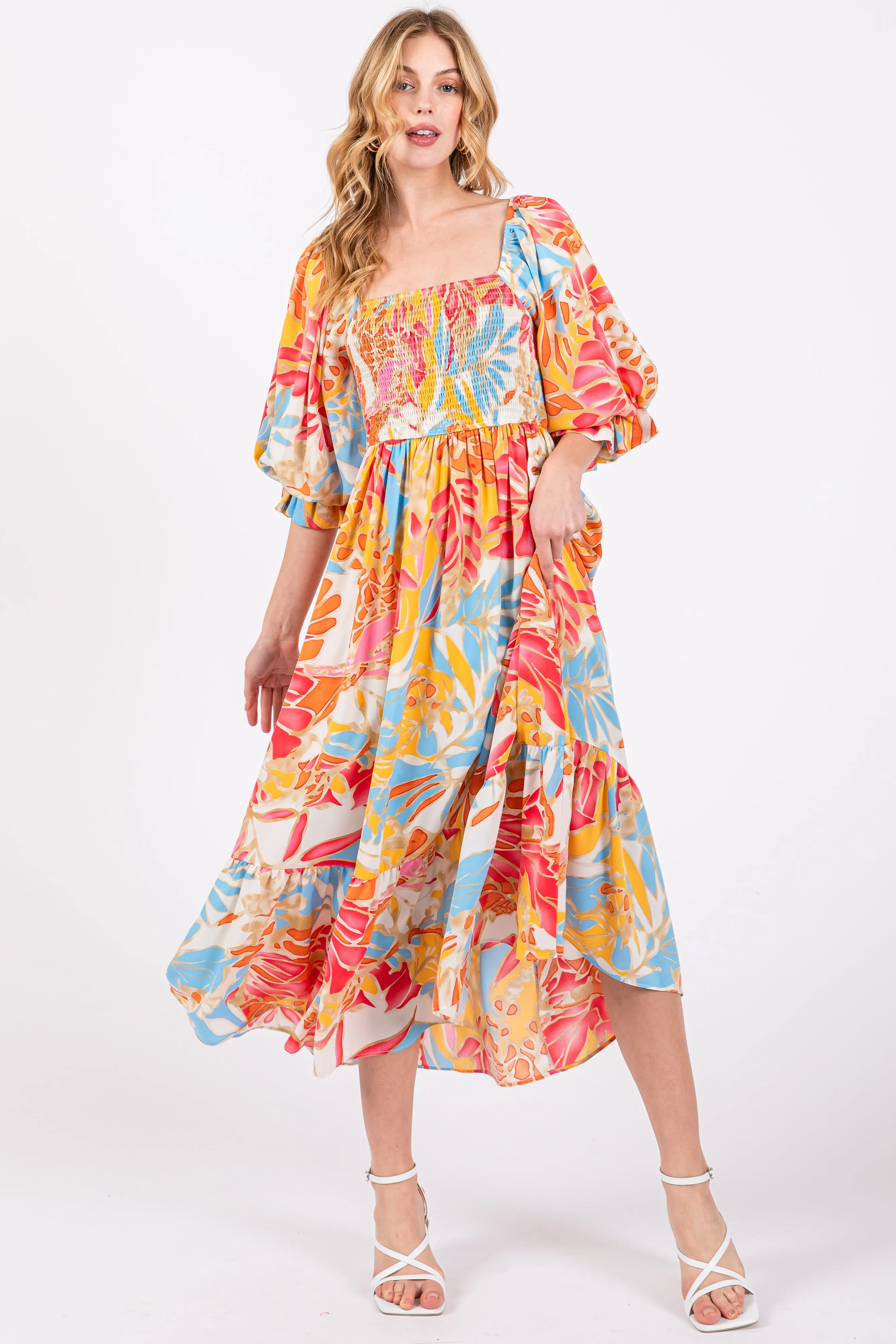 Fuchsia Leaf Print Puff Sleeve Smocked Midi Dress sold by Pinkblush