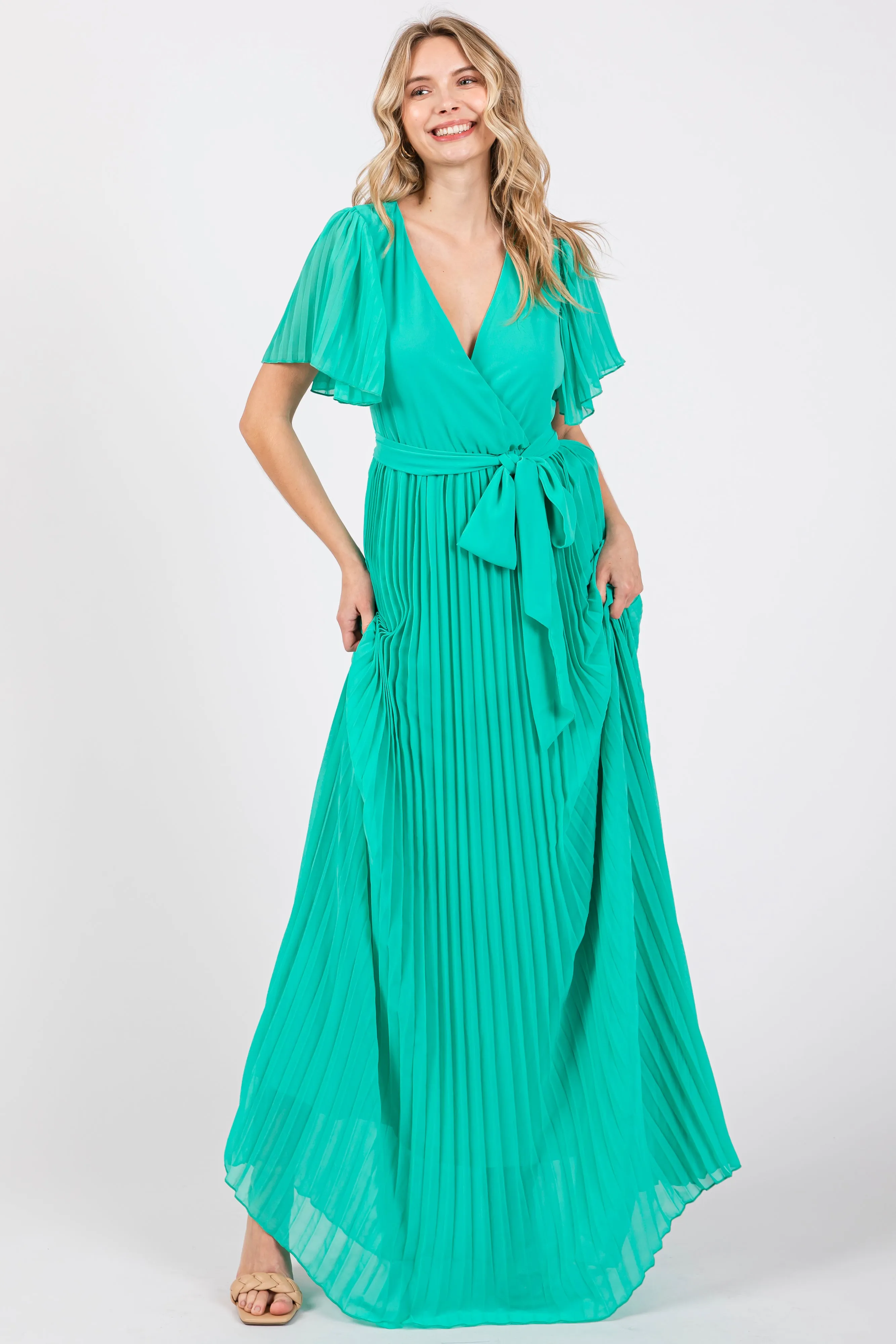 Aqua Chiffon Wrap Front V-Neck Short Sleeve Pleated Maxi Dress sold by Pinkblush product image thumbnail 4