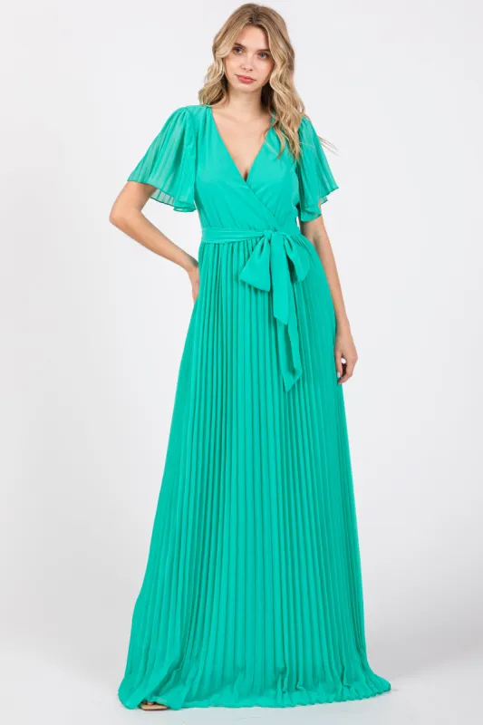 Aqua Chiffon Wrap Front V-Neck Short Sleeve Pleated Maxi Dress sold by Pinkblush