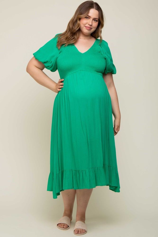 Green Smocked Puff Sleeve Maternity Plus Midi Dress sold by Pinkblush product image thumbnail 4