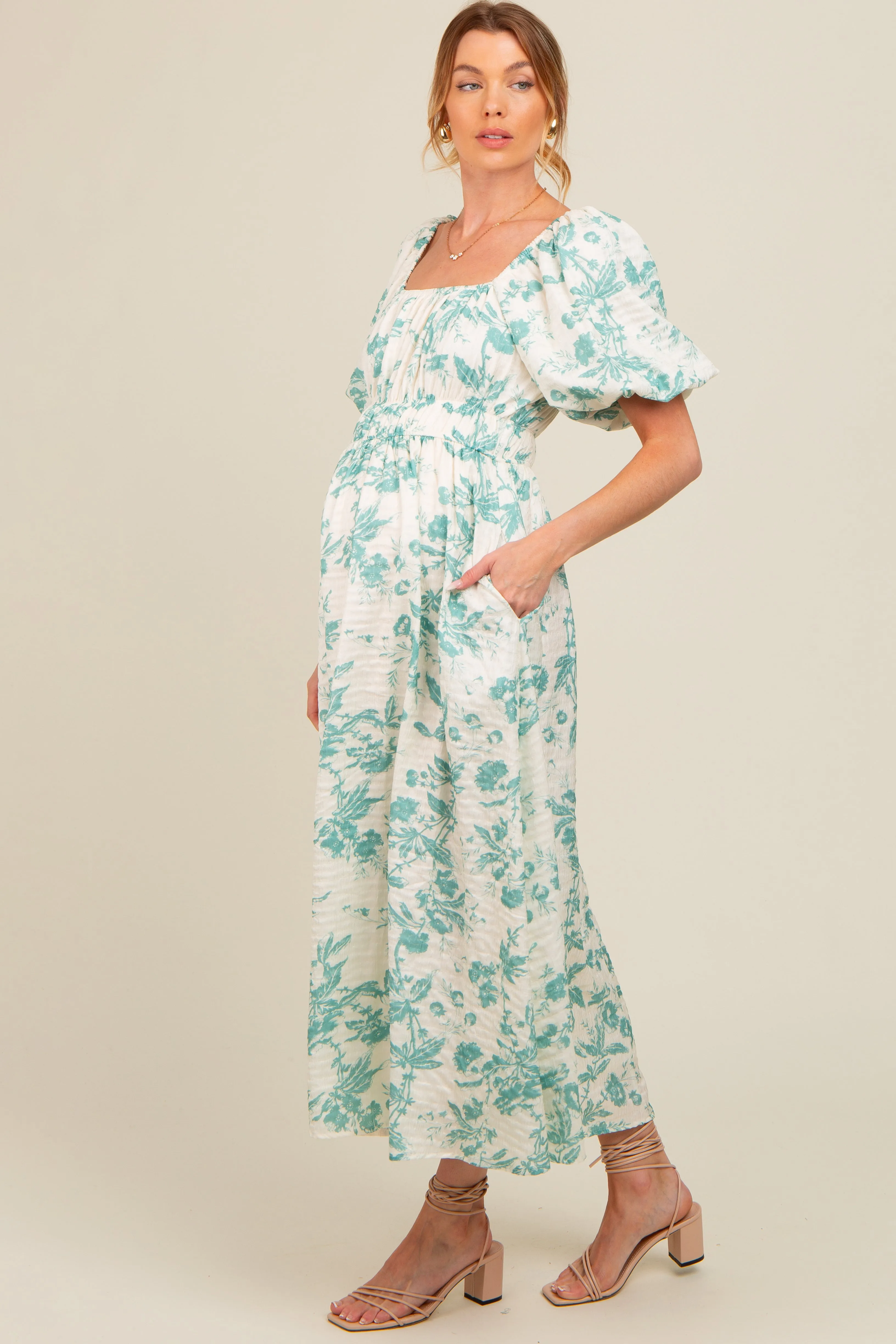 Teal Floral Puff Sleeve Maternity Midi Dress sold by Pinkblush product image thumbnail 2