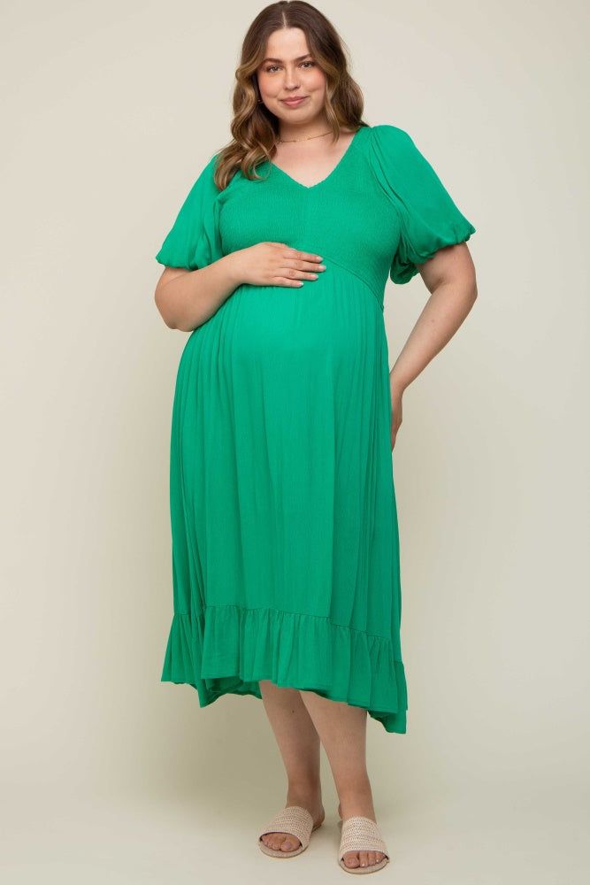 Green Smocked Puff Sleeve Maternity Plus Midi Dress sold by Pinkblush