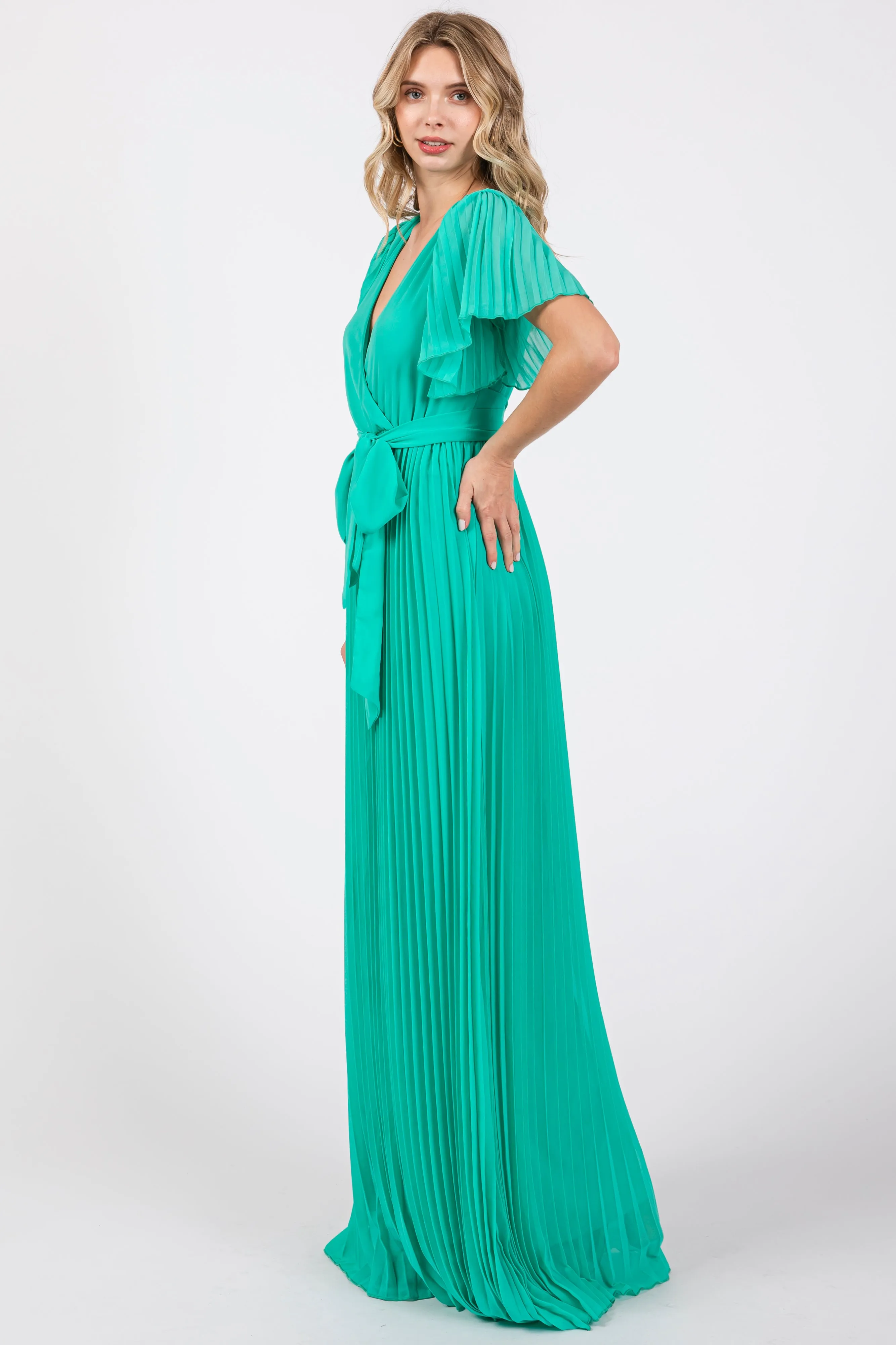 Aqua Chiffon Wrap Front V-Neck Short Sleeve Pleated Maxi Dress sold by Pinkblush product image thumbnail 2