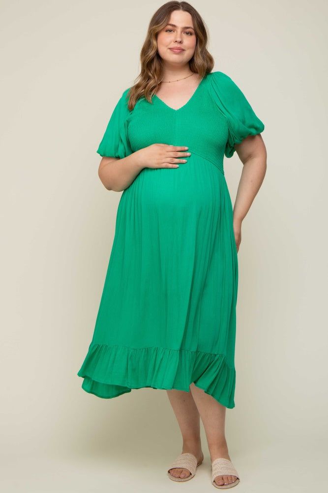 Green Smocked Puff Sleeve Maternity Plus Midi Dress sold by Pinkblush product image thumbnail 5