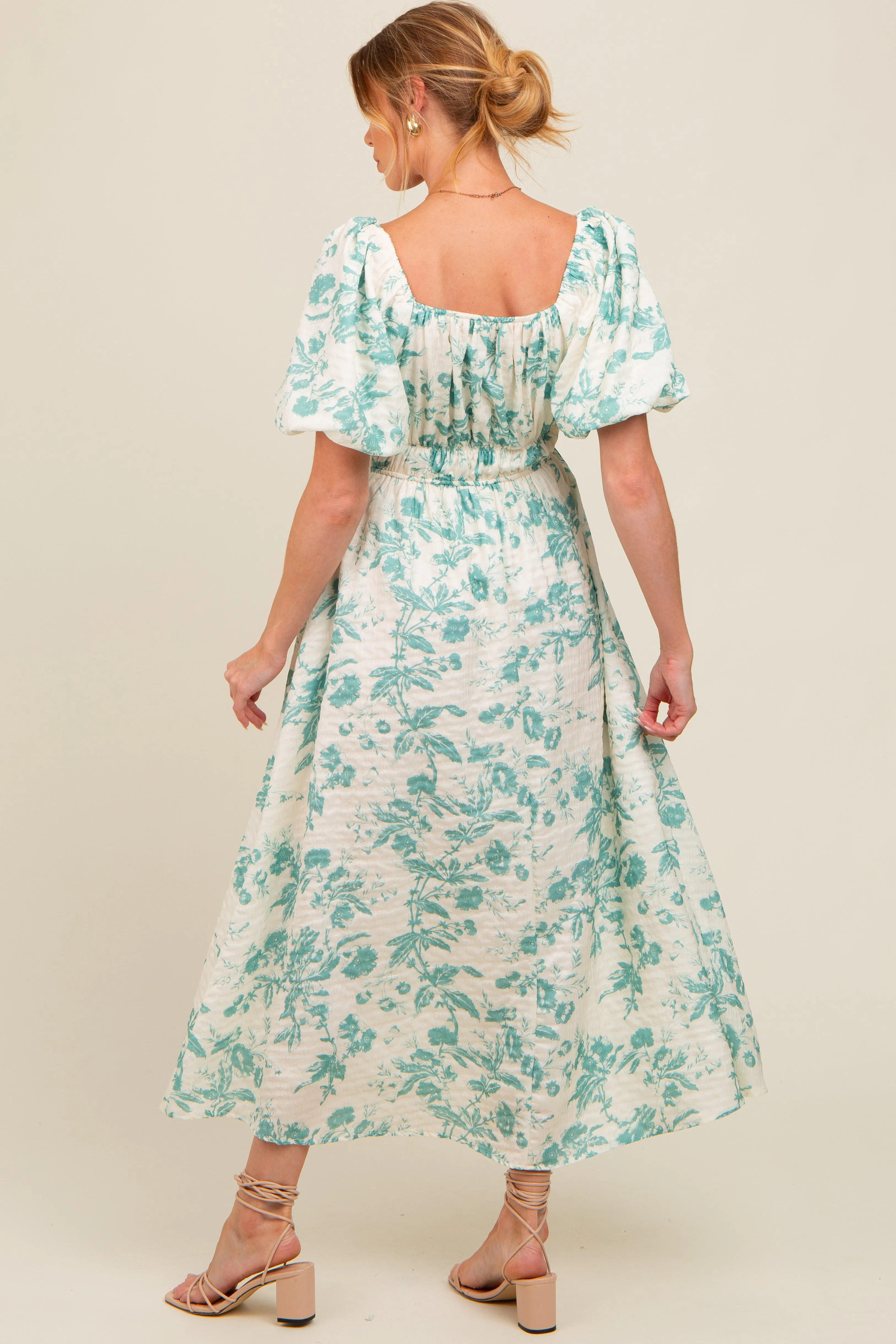 Teal Floral Puff Sleeve Maternity Midi Dress sold by Pinkblush product image thumbnail 3