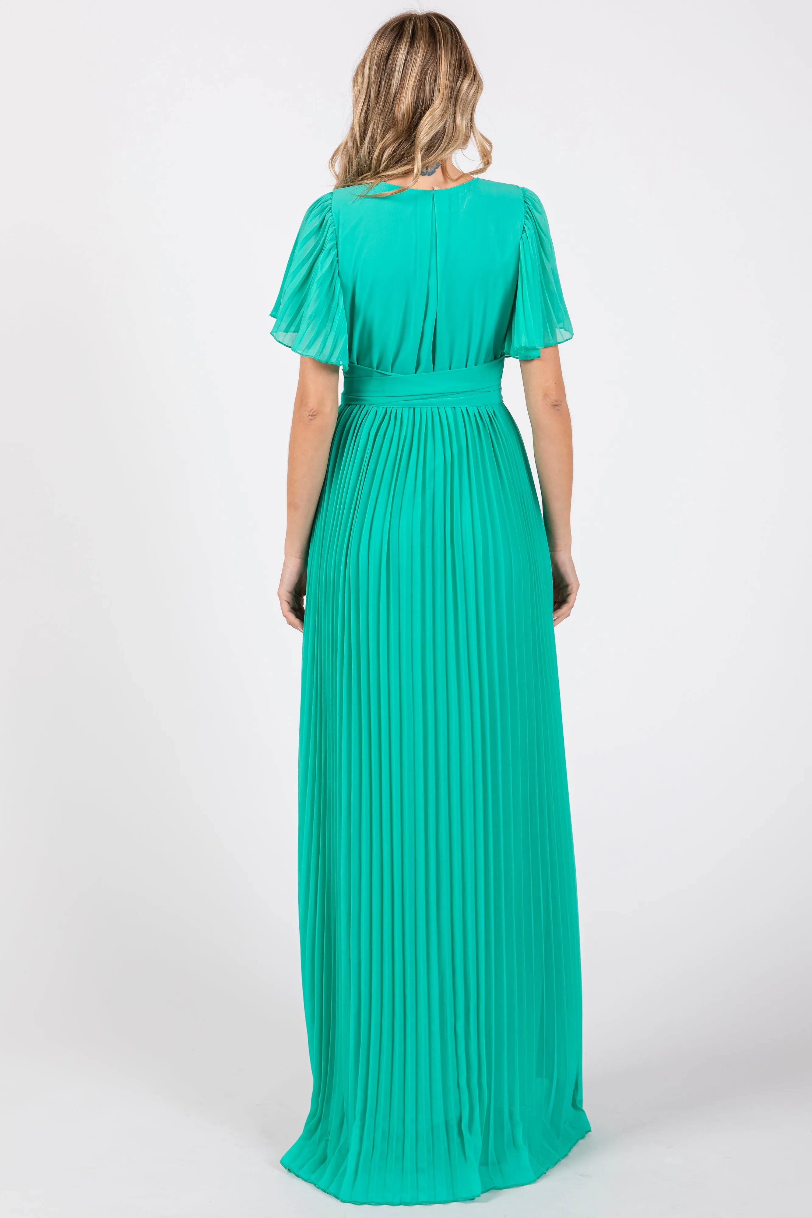 Aqua Chiffon Wrap Front V-Neck Short Sleeve Pleated Maxi Dress sold by Pinkblush product image thumbnail 3