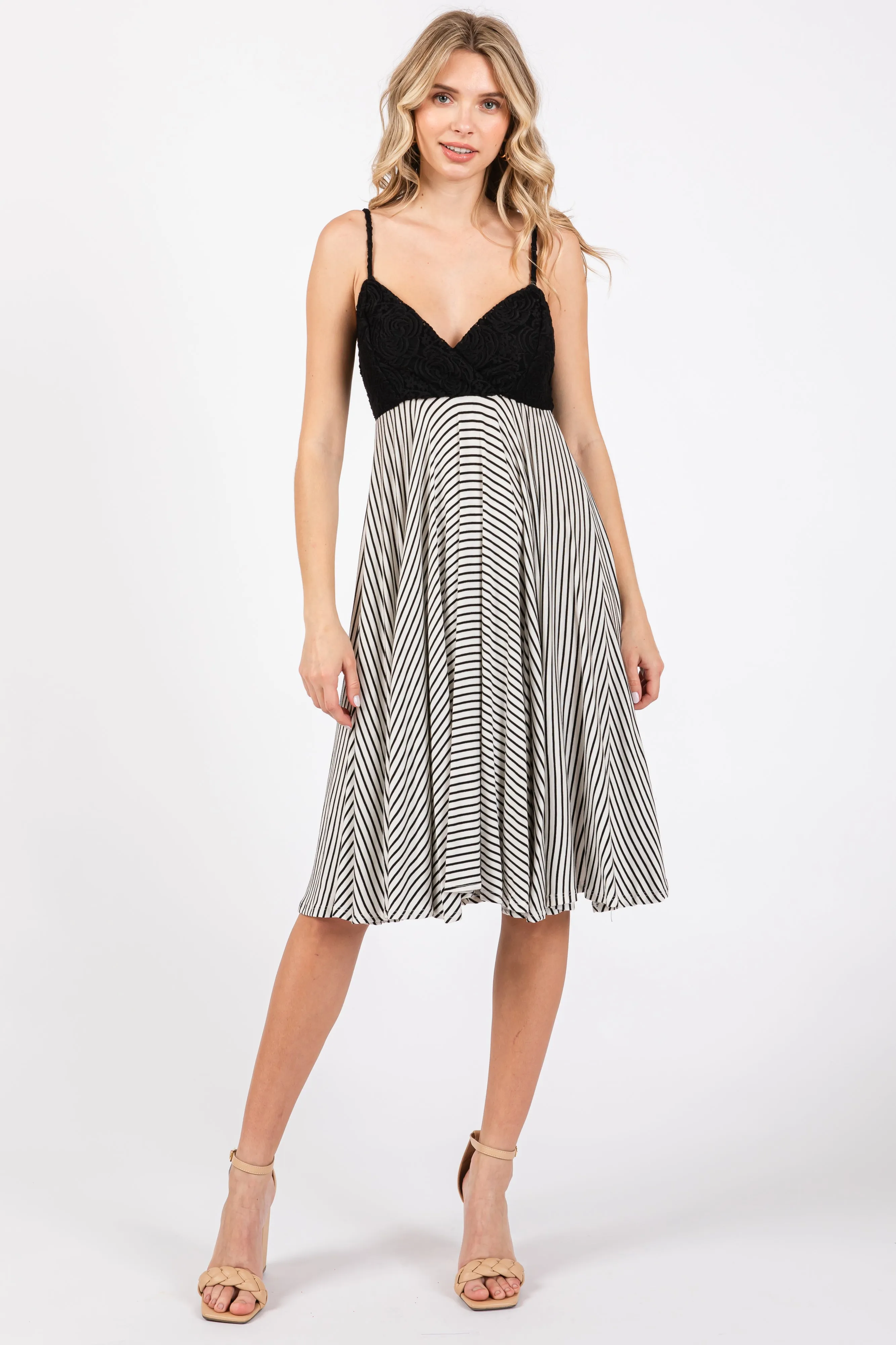 Black Striped Lace V-Neck Dress sold by Pinkblush