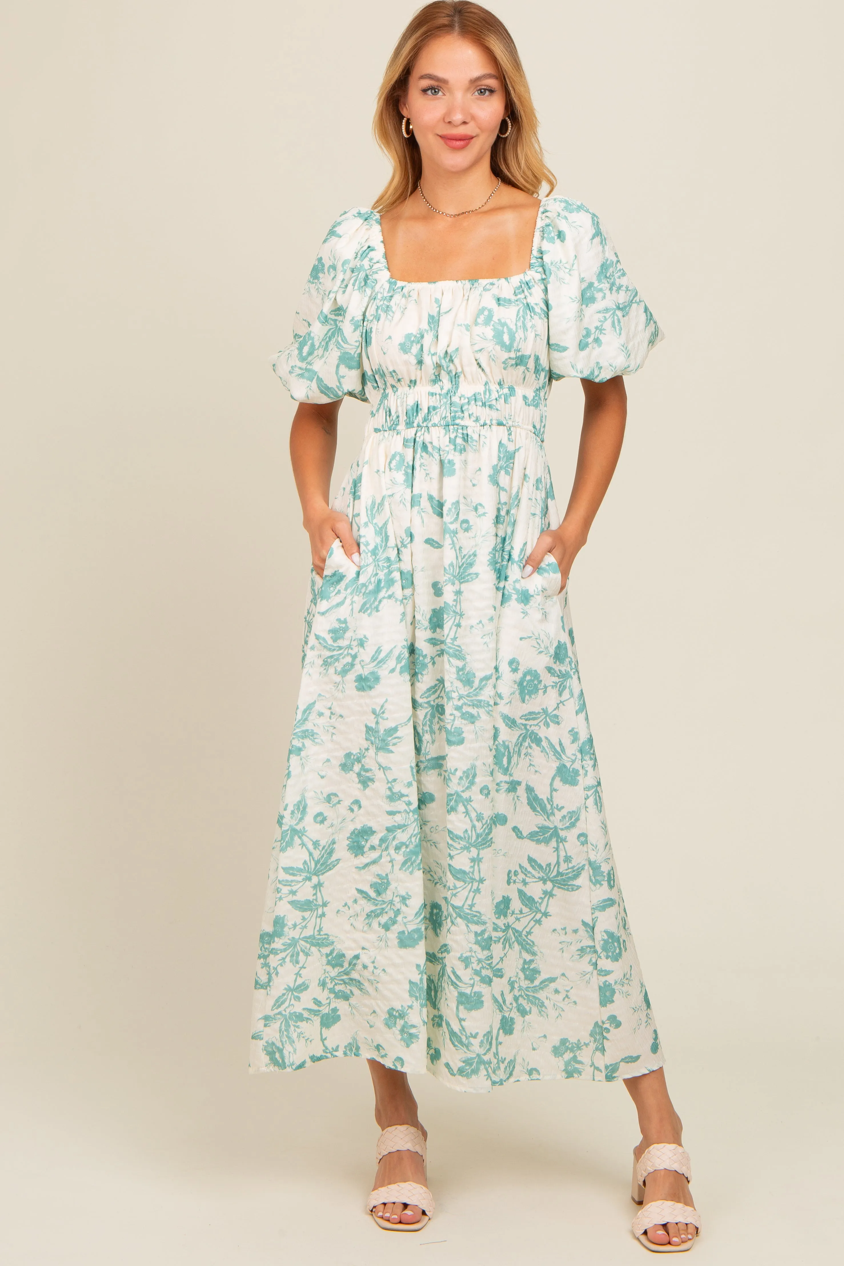 Teal Floral Puff Sleeve Maternity Midi Dress sold by Pinkblush product image thumbnail 4