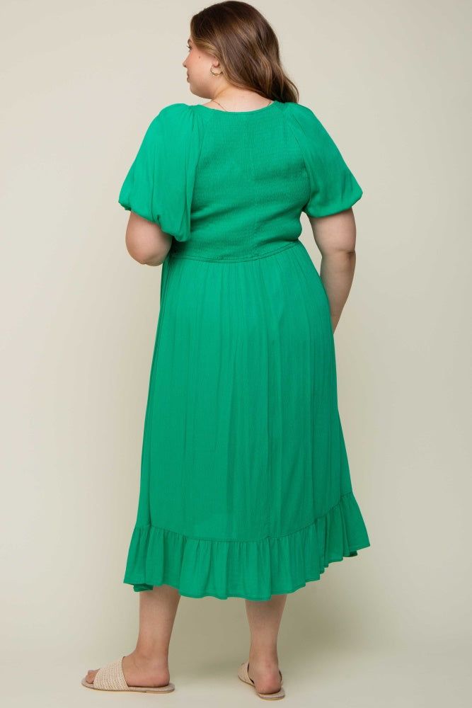 Green Smocked Puff Sleeve Maternity Plus Midi Dress sold by Pinkblush product image thumbnail 3