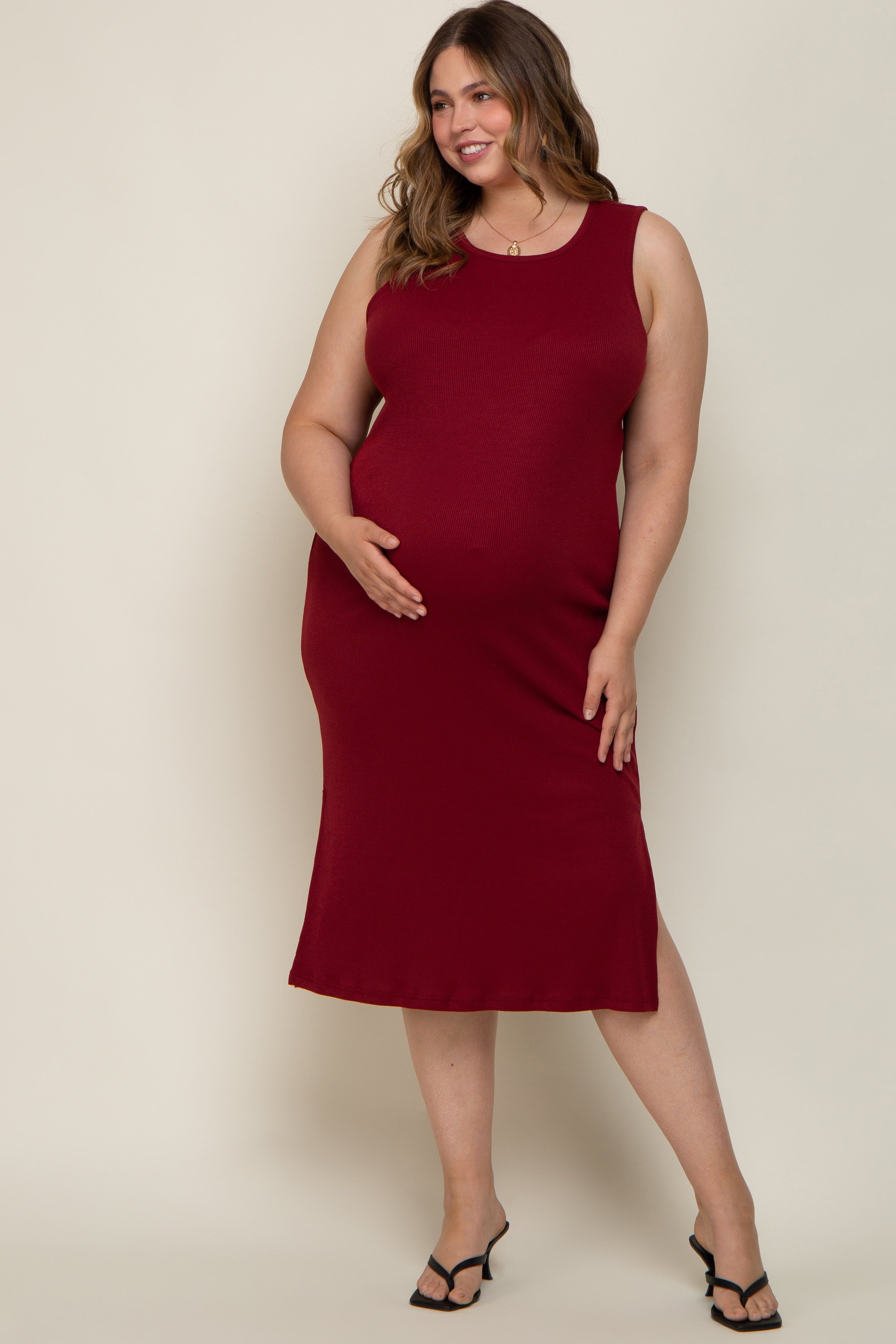 Burgundy Basic Ribbed Side Slit Maternity Plus Midi Dress sold by Pinkblush
