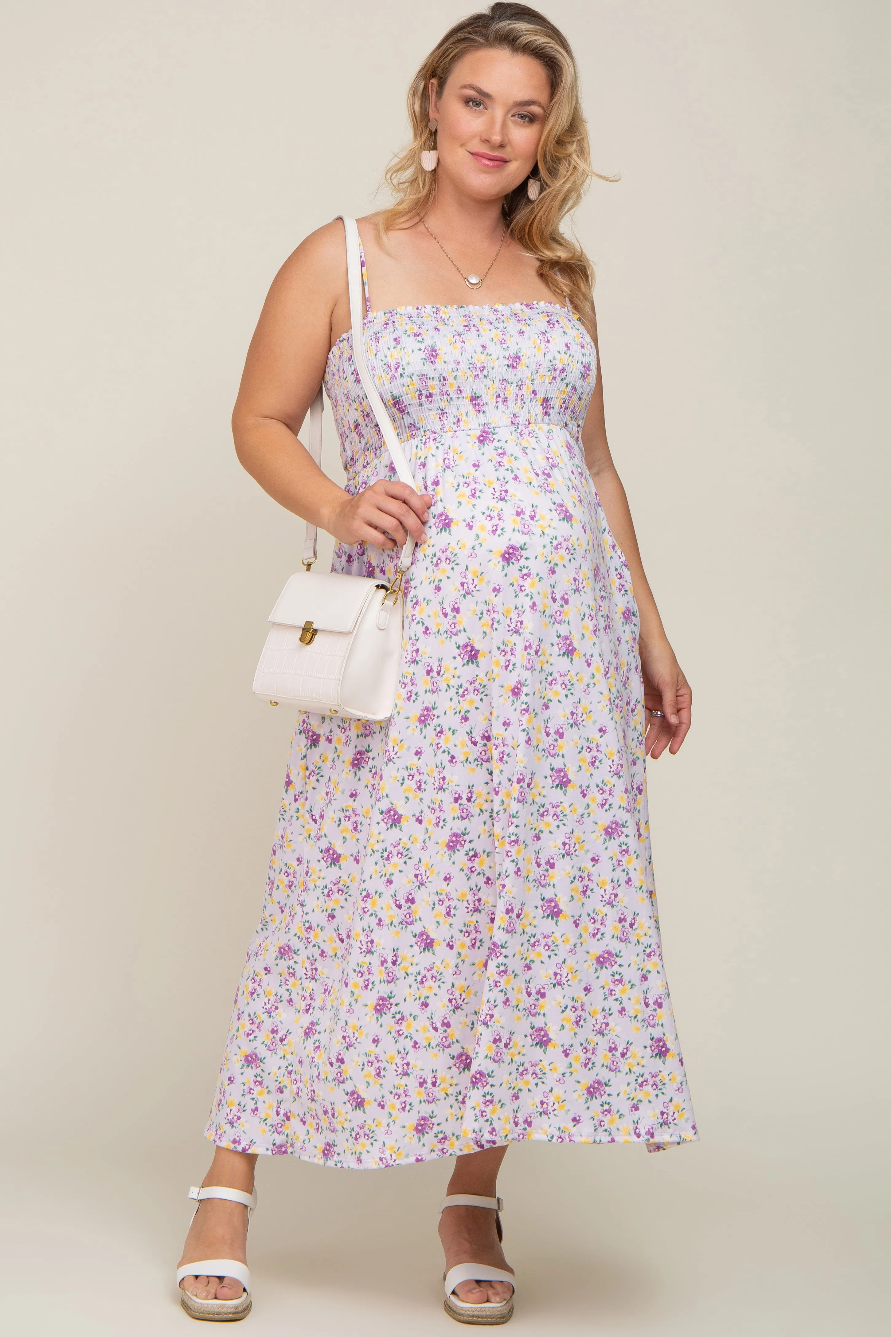 Lavender Square Neck Smocked Plus Maternity Midi Dress sold by Pinkblush