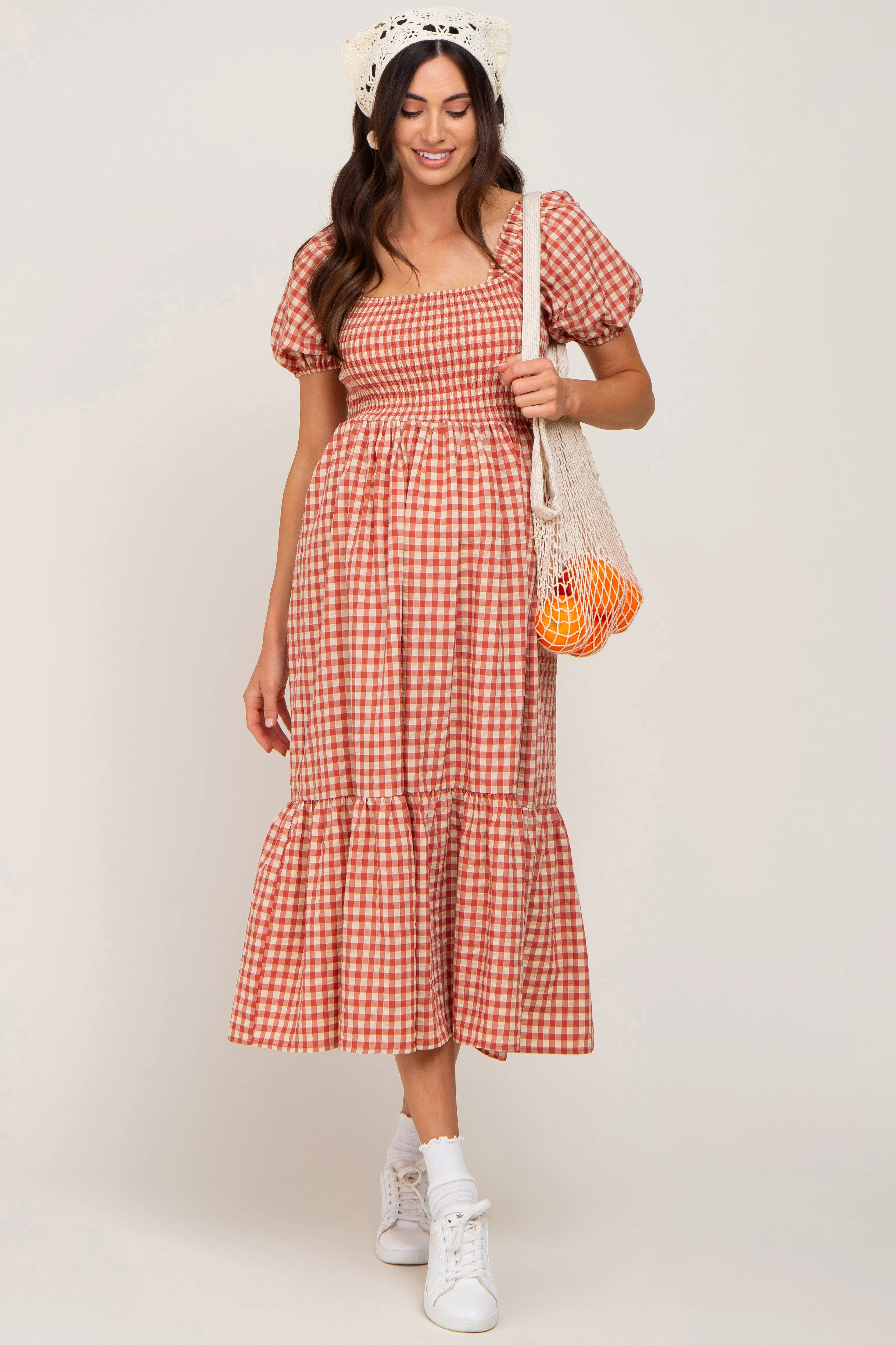 Rust Gingham Smocked Maternity Midi Dress sold by Pinkblush