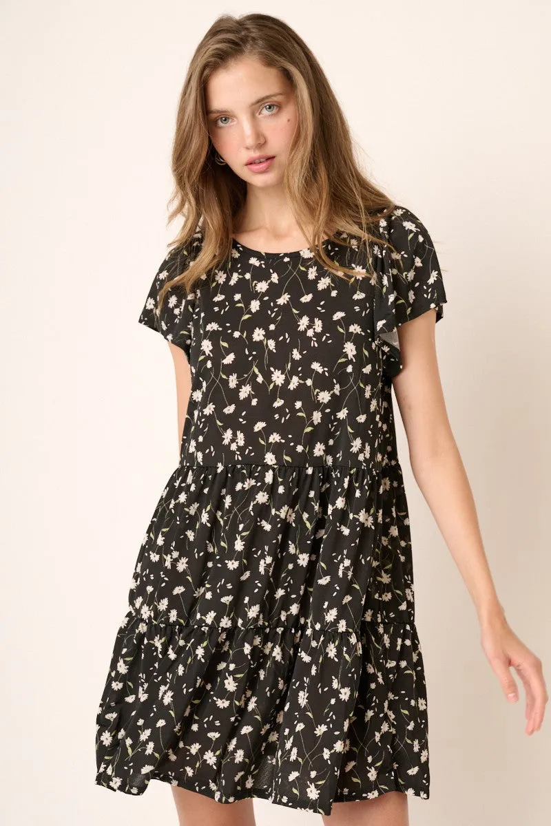 Black Daisy Flower Print Ruffle Detail Mini Dress sold by Pinkblush