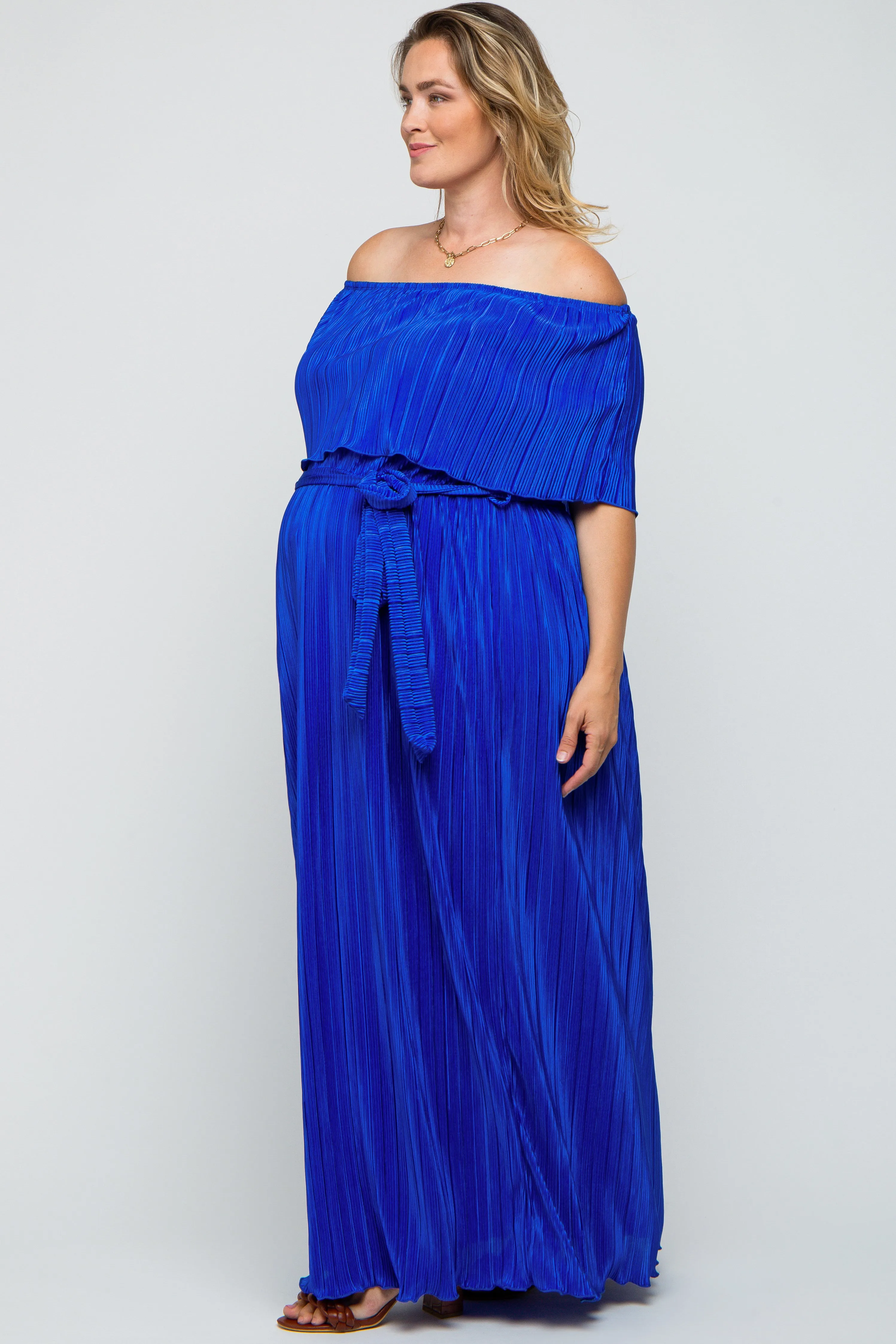 Royal Blue Plisse Off Shoulder Maternity Plus Maxi Dress sold by Pinkblush product image thumbnail 2