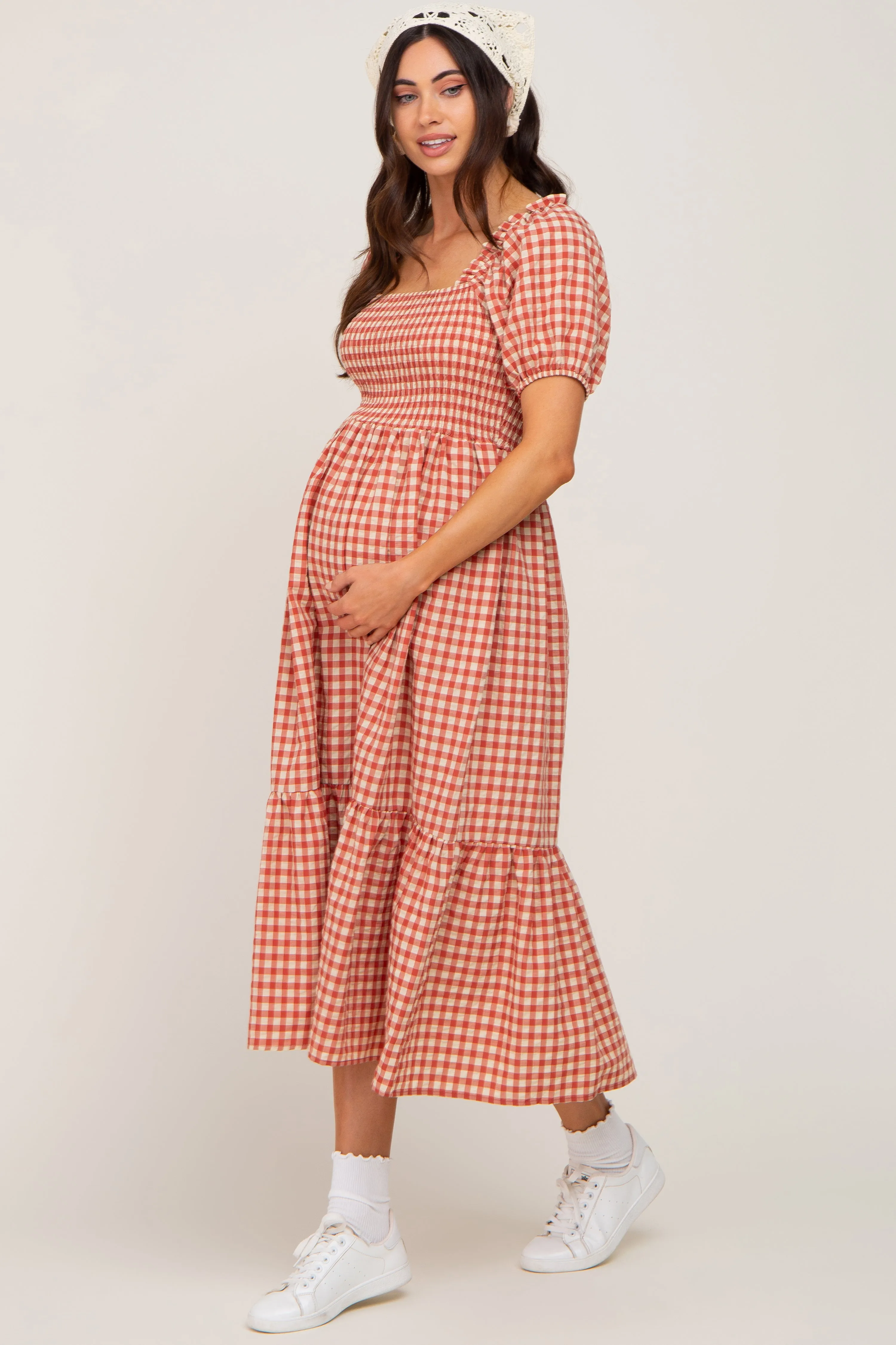 Rust Gingham Smocked Maternity Midi Dress sold by Pinkblush product image thumbnail 2
