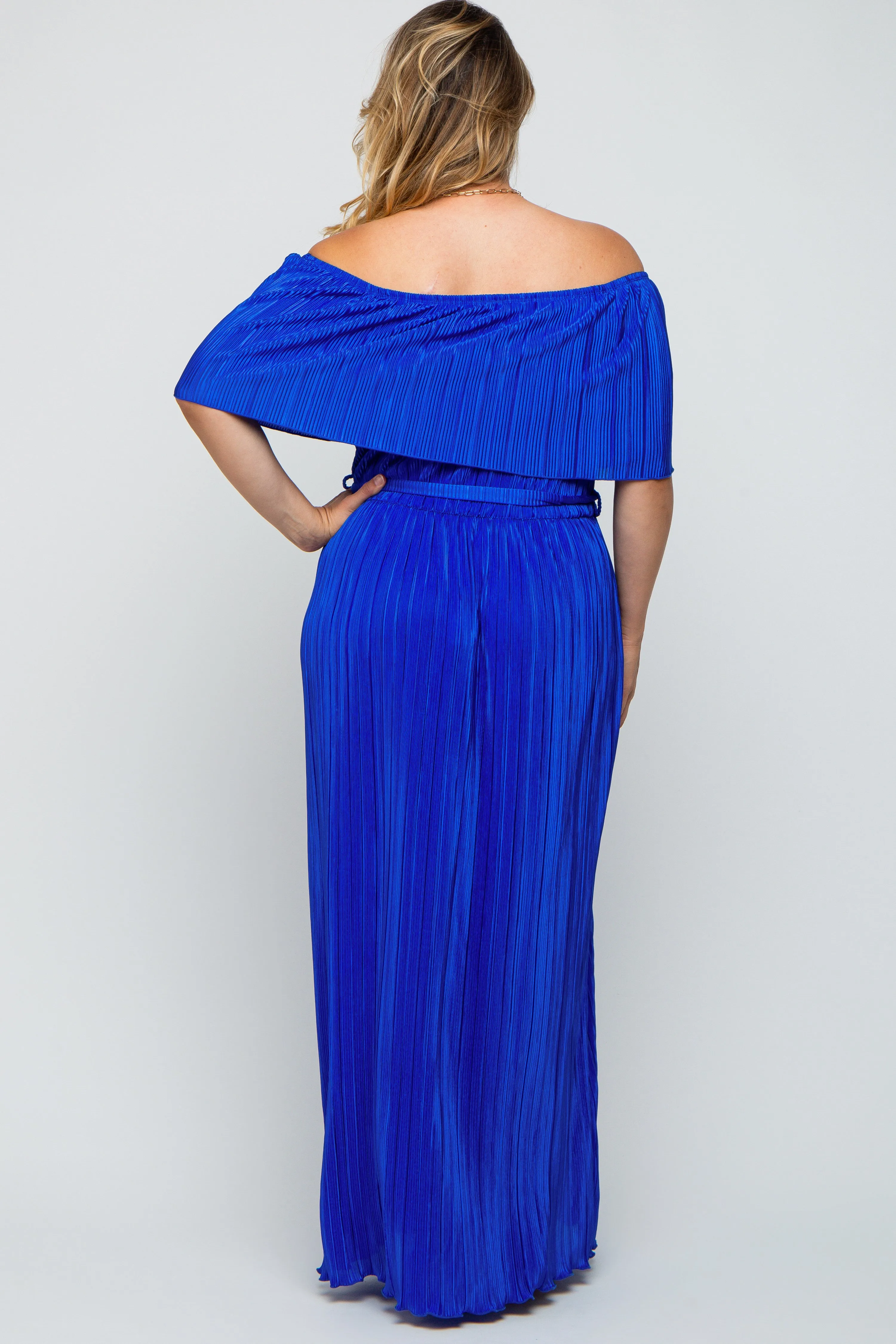 Royal Blue Plisse Off Shoulder Maternity Plus Maxi Dress sold by Pinkblush product image thumbnail 3