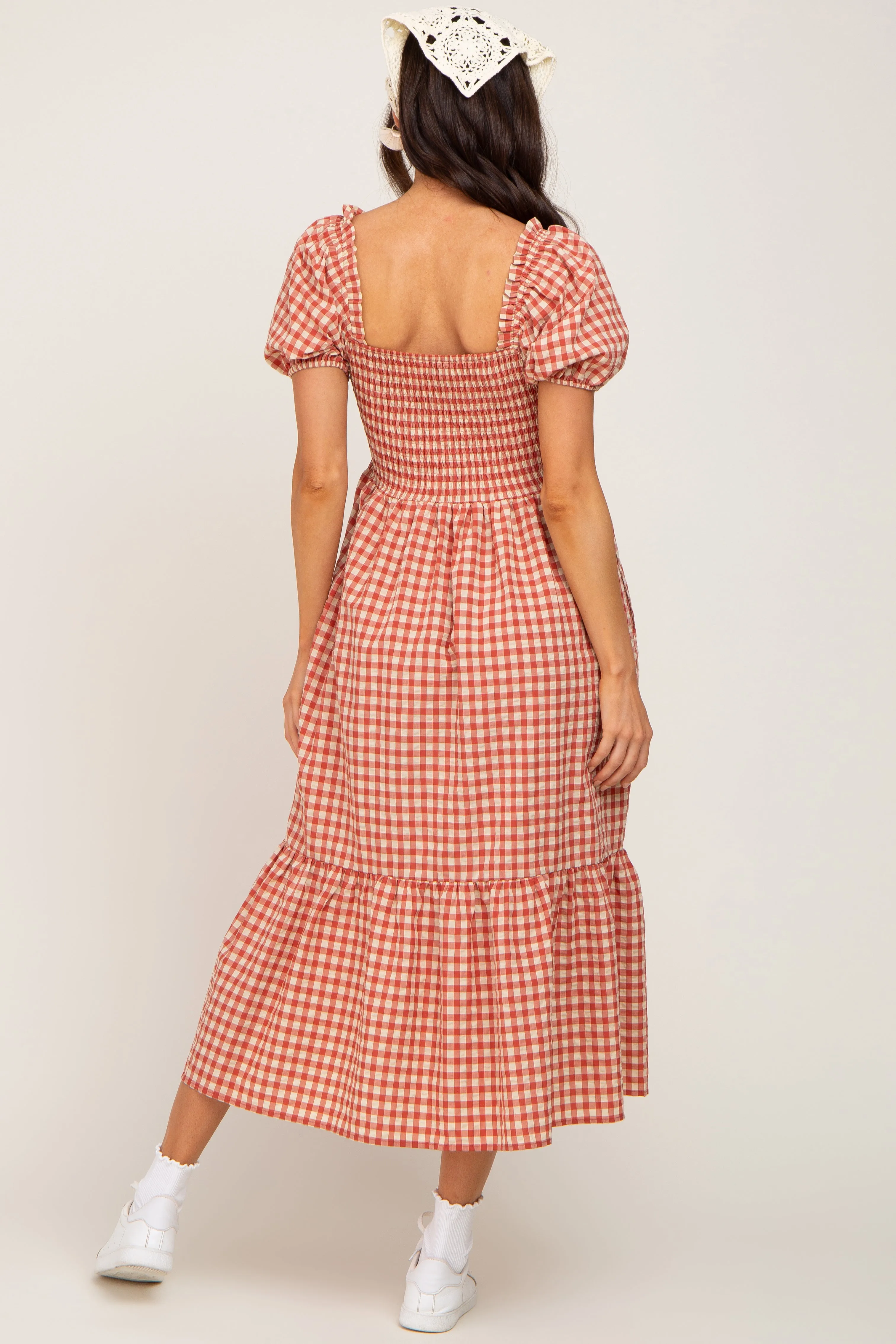 Rust Gingham Smocked Maternity Midi Dress sold by Pinkblush product image thumbnail 3