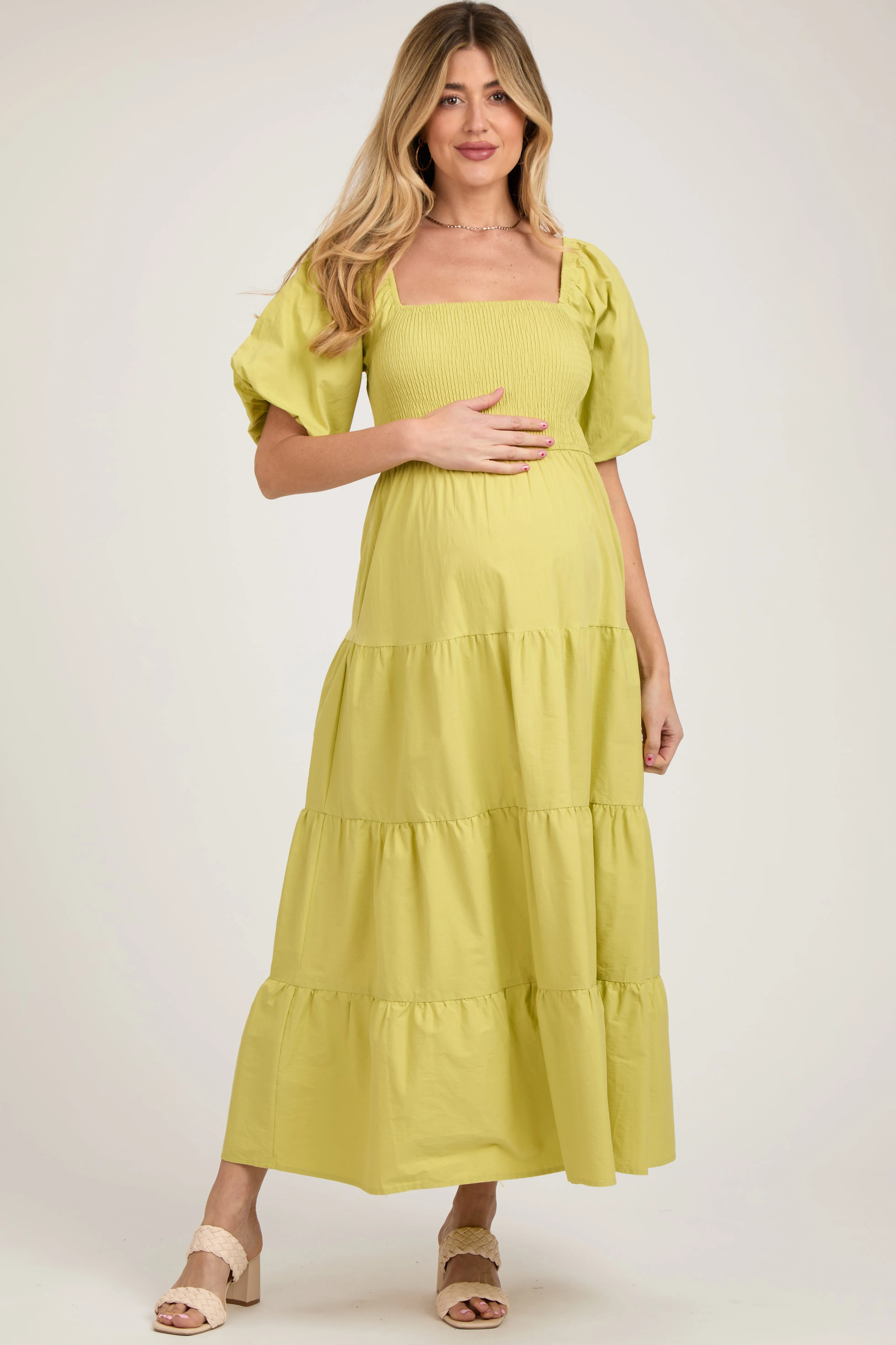Light Olive Smocked Square Neck Puff Sleeve Tiered Maternity Maxi Dress sold by Pinkblush product image thumbnail 3