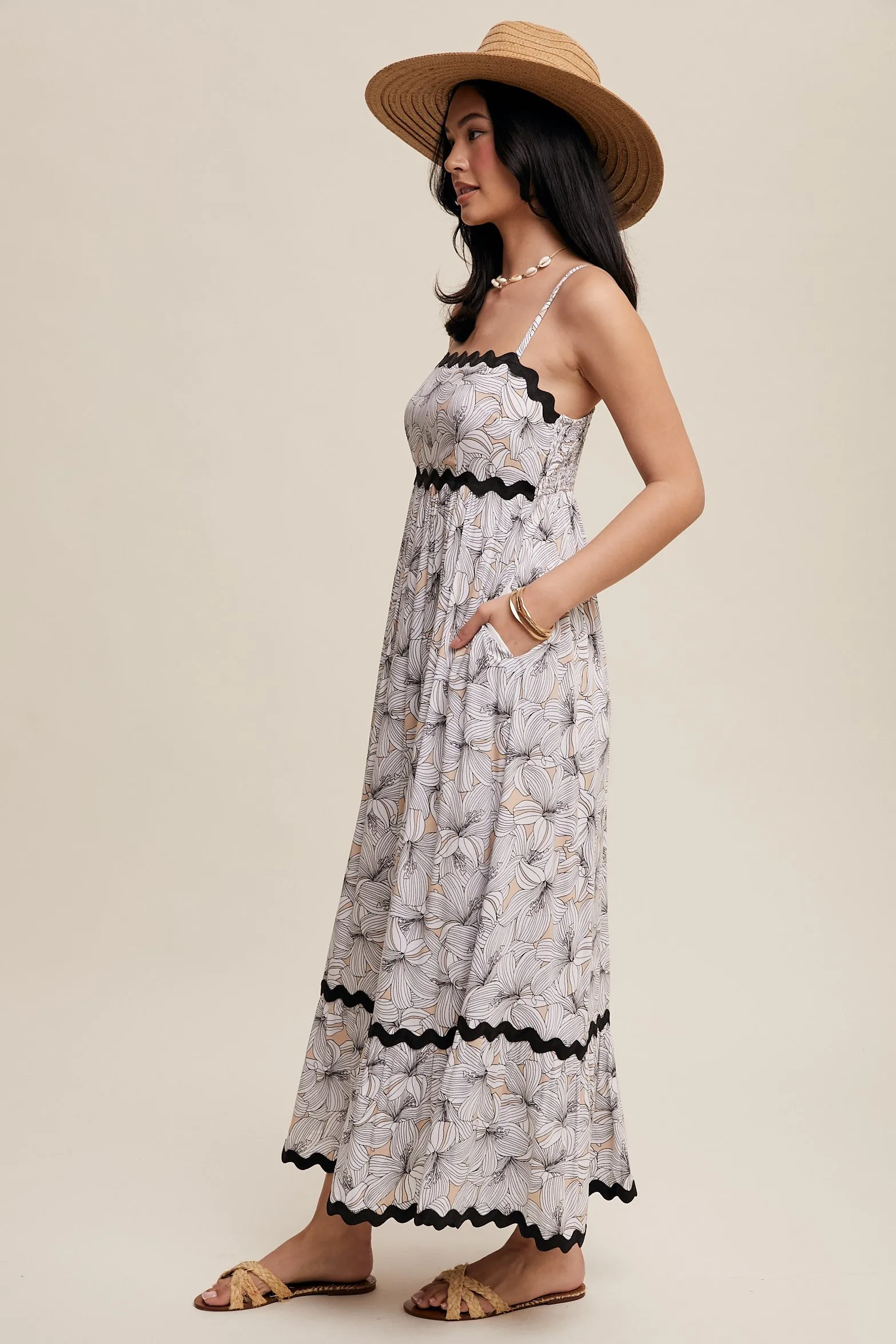 Taupe Floral Wavy Trim Maxi Dress sold by Pinkblush product image thumbnail 2