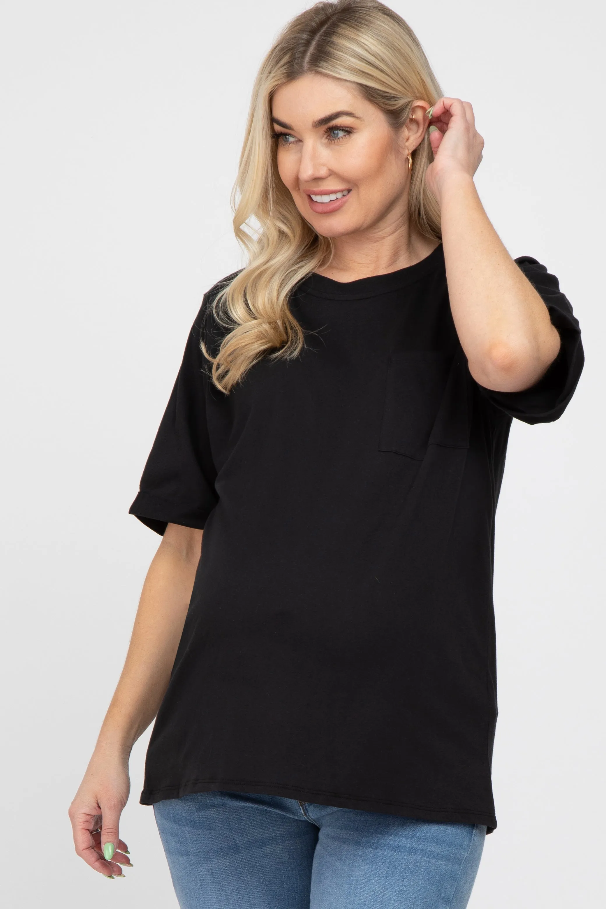 Black Oversized Pocket Front Short Sleeve Maternity Top sold by Pinkblush