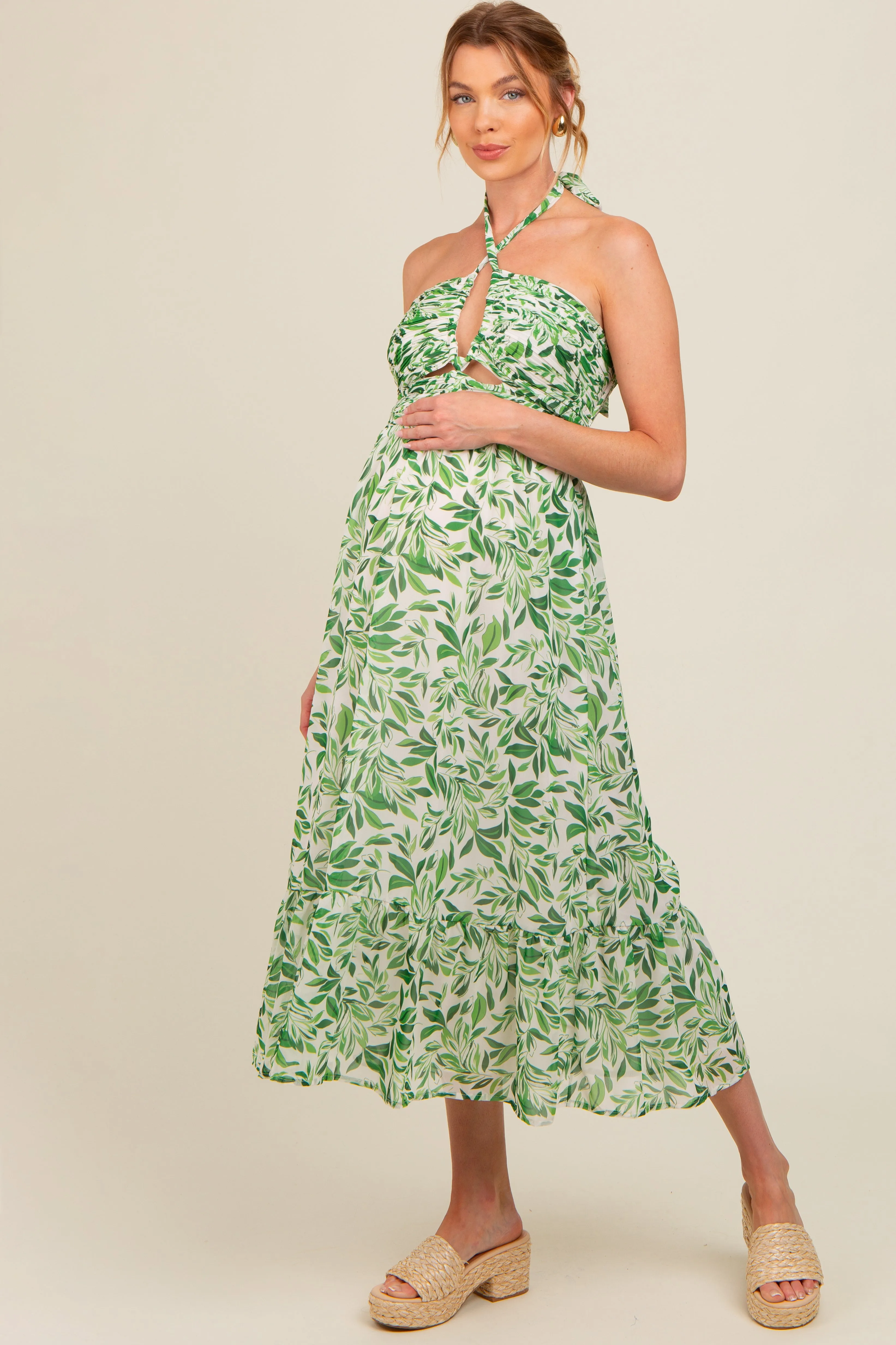 Green Leaf Print Halter Keyhole Maternity Midi Dress sold by Pinkblush product image thumbnail 2