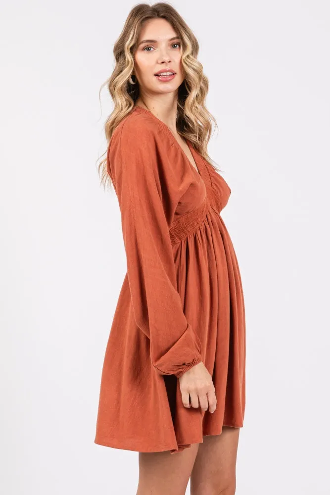 Rust Linen Deep V-Neck Long Sleeve Dress sold by Pinkblush product image thumbnail 2