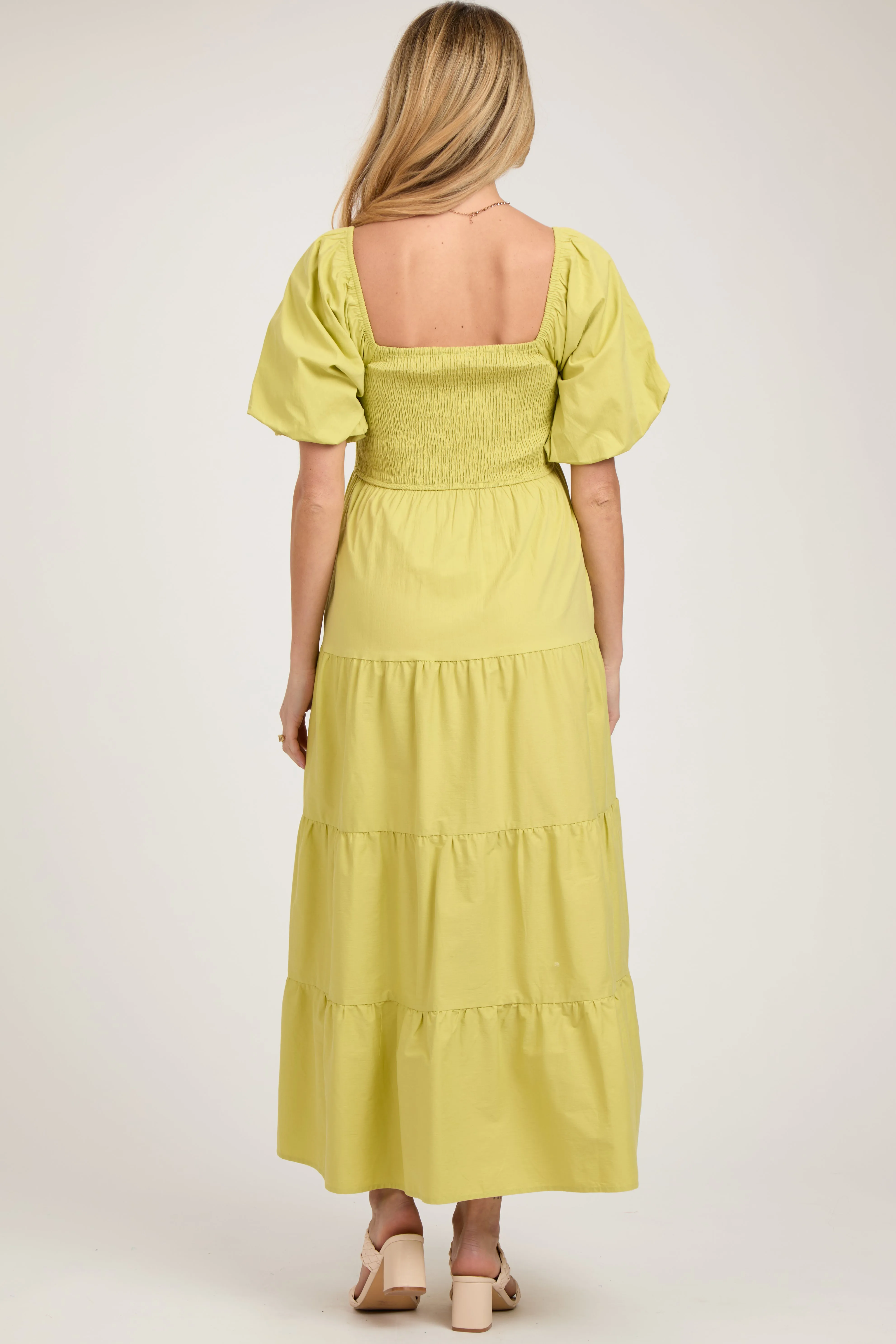 Light Olive Smocked Square Neck Puff Sleeve Tiered Maternity Maxi Dress sold by Pinkblush product image thumbnail 4