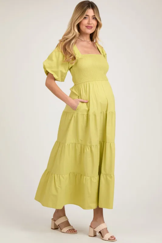 Light Olive Smocked Square Neck Puff Sleeve Tiered Maternity Maxi Dress sold by Pinkblush