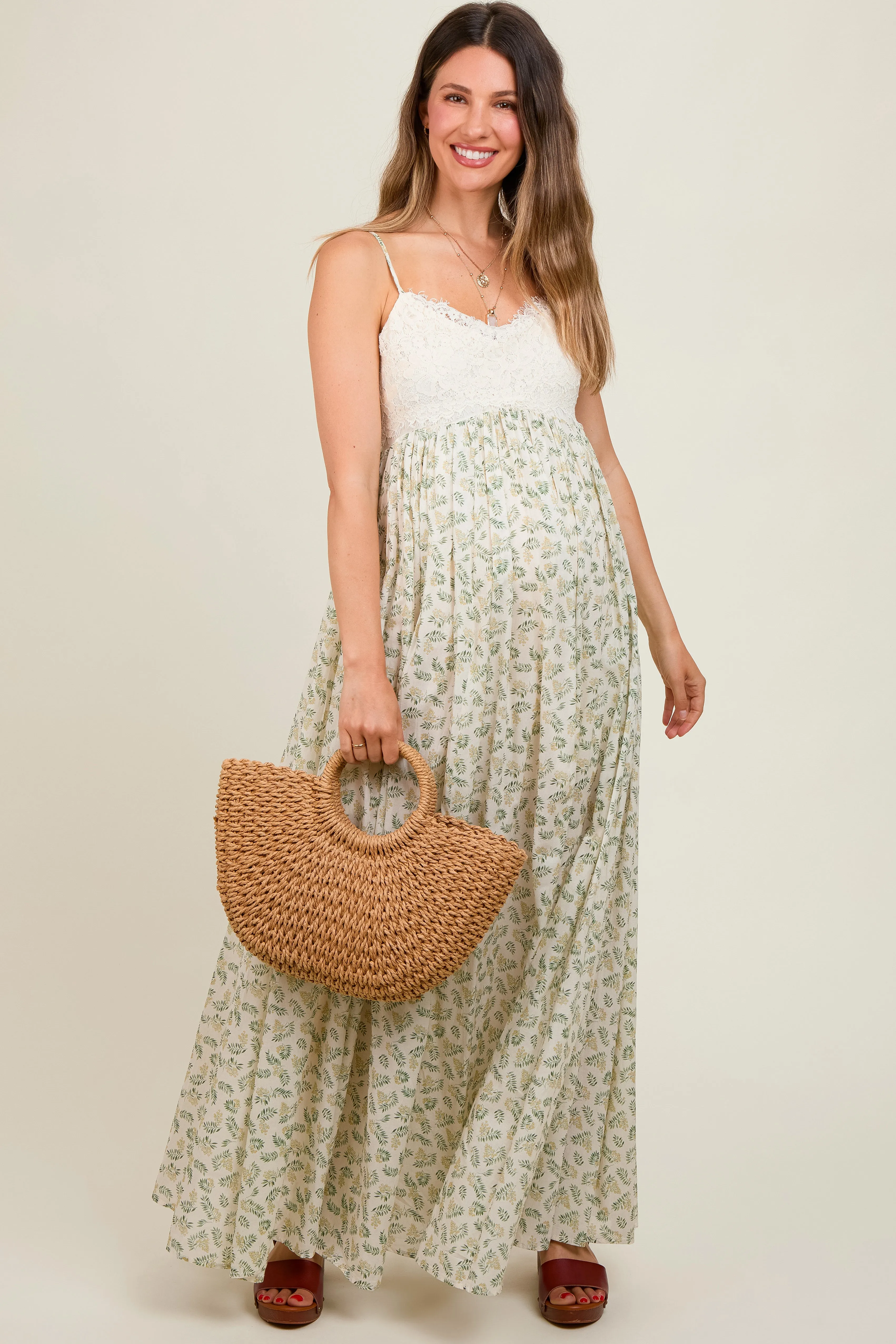 Green Floral Lace Contrast Maternity Maxi Dress sold by Pinkblush