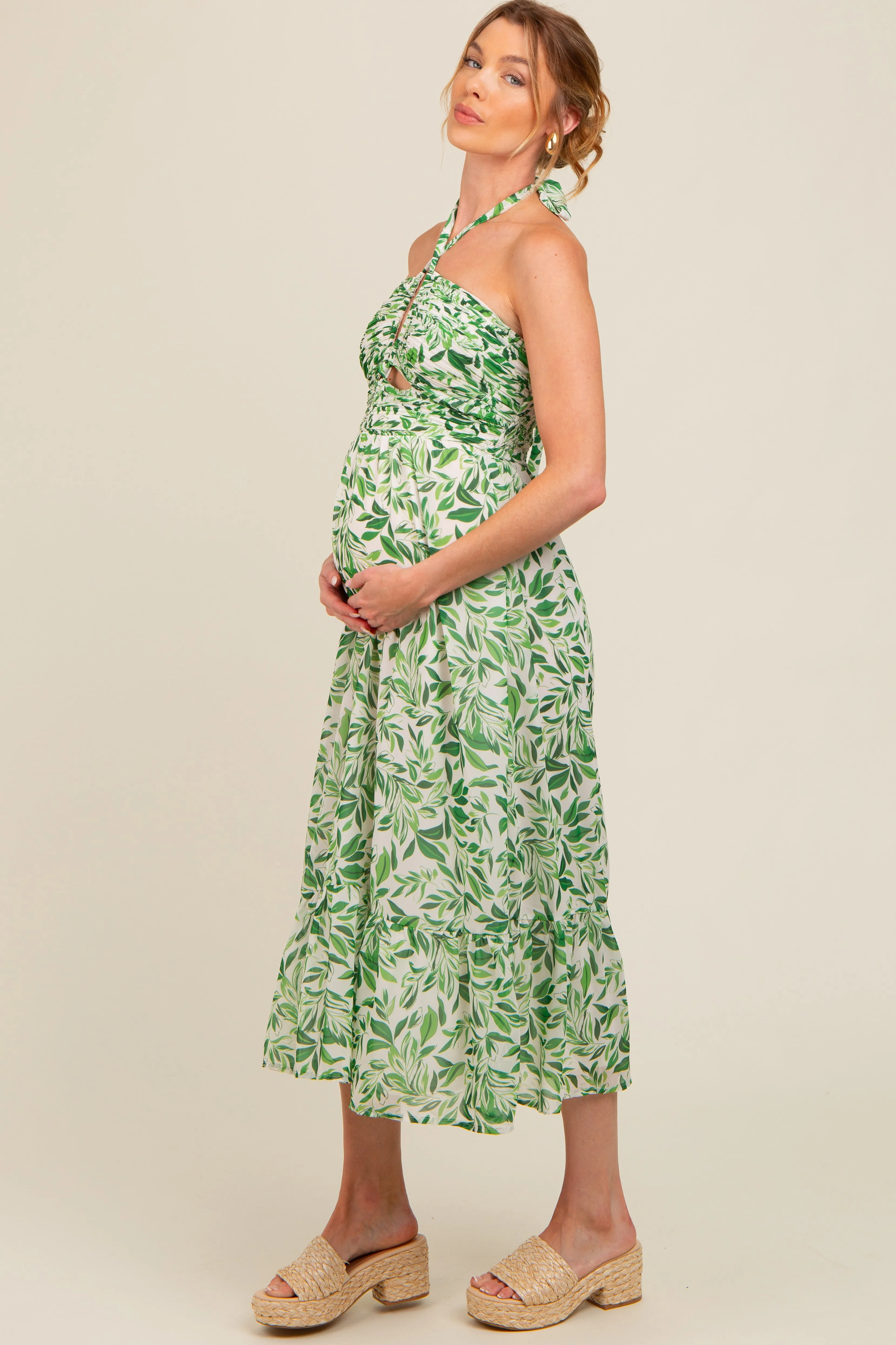 Green Leaf Print Halter Keyhole Maternity Midi Dress sold by Pinkblush product image thumbnail 3