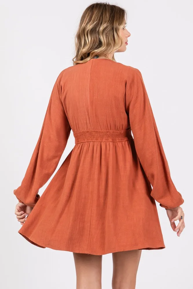 Rust Linen Deep V-Neck Long Sleeve Dress sold by Pinkblush product image thumbnail 3