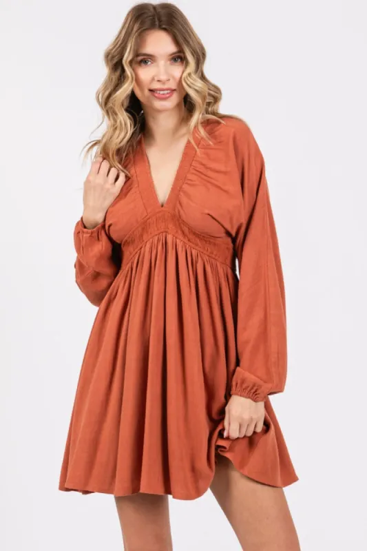 Rust Linen Deep V-Neck Long Sleeve Dress sold by Pinkblush